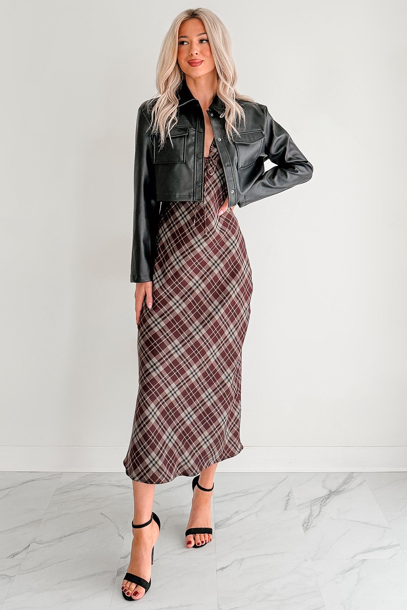 Good Mistake Plaid Deep V-Neck Midi Dress (Burgundy/Taupe)