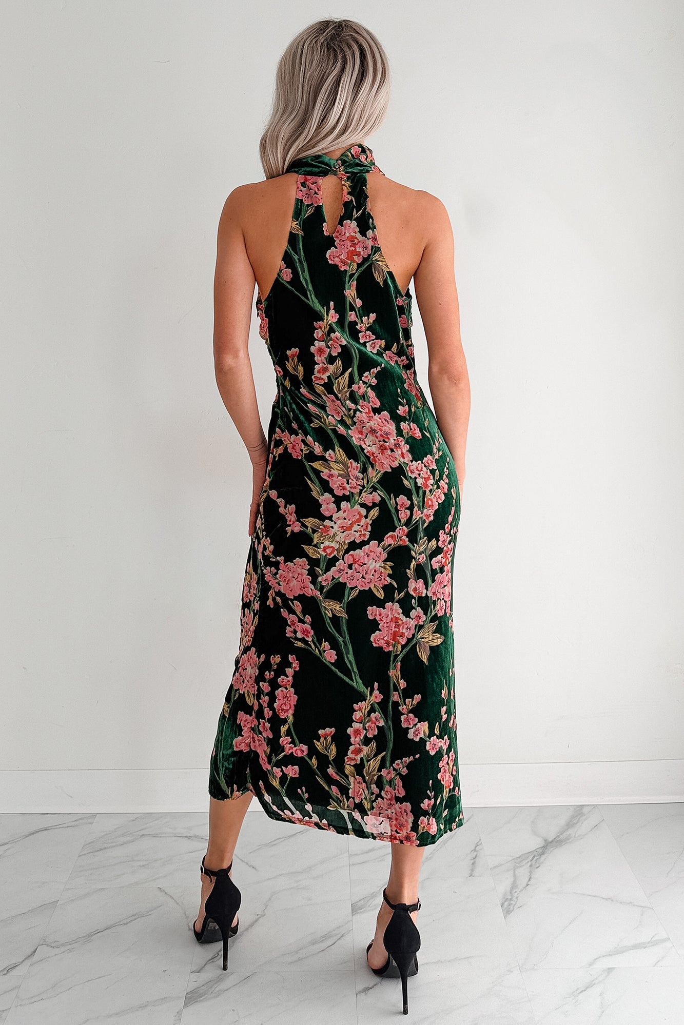 Without You Velvet Cherry Blossom Midi Dress (Green Floral)
