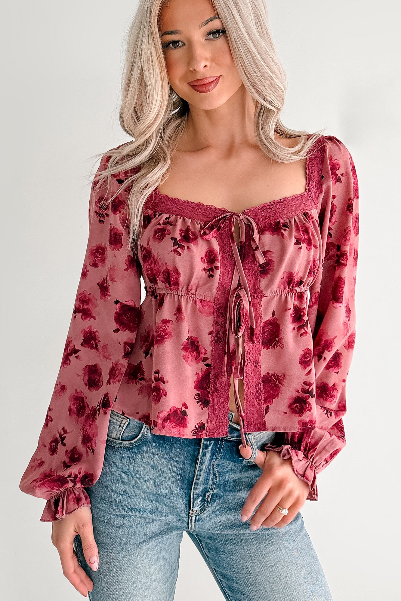 Dream In Bloom Lace Trim Open Tie Front Top (Mauve Floral)