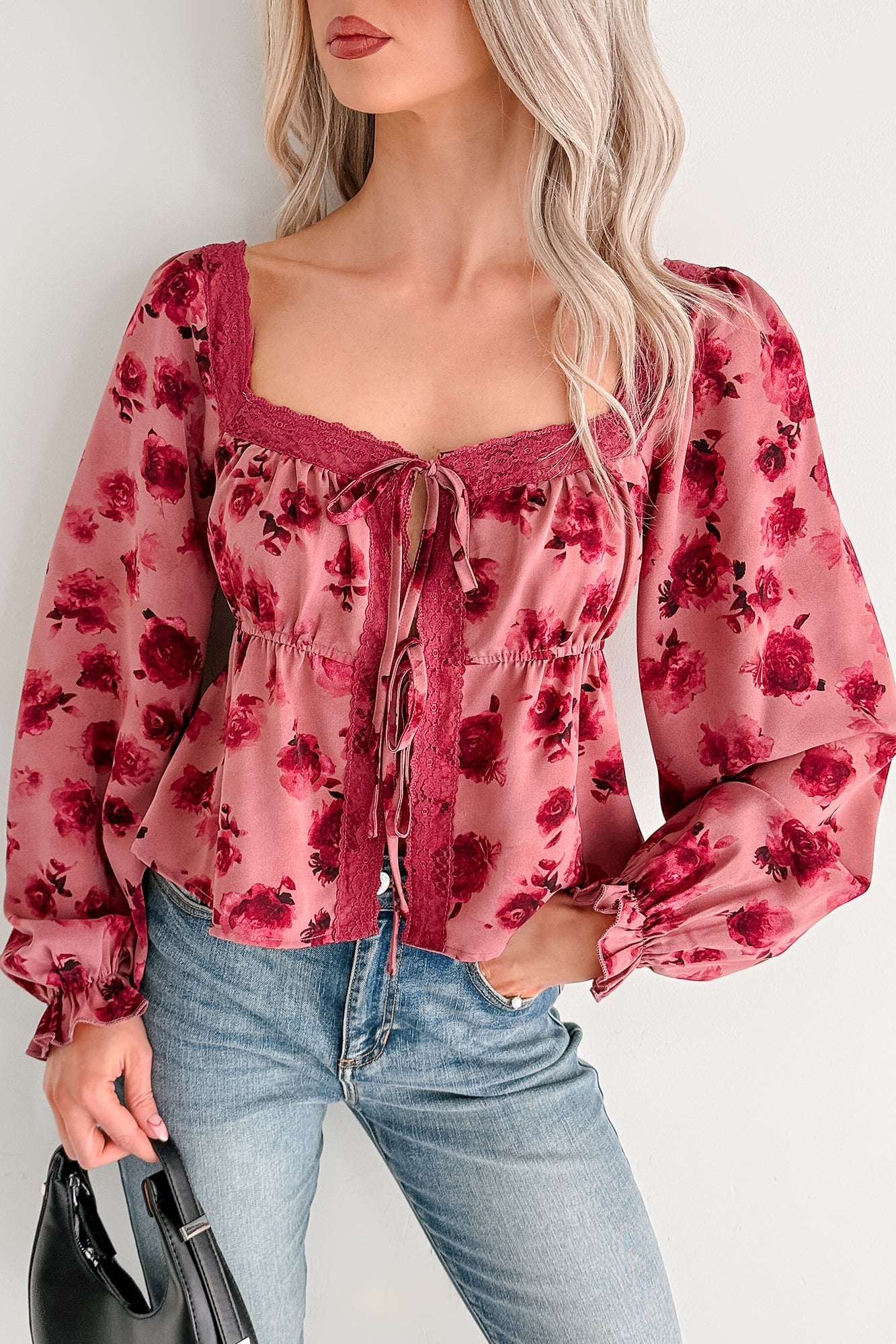 Dream In Bloom Lace Trim Open Tie Front Top (Mauve Floral)