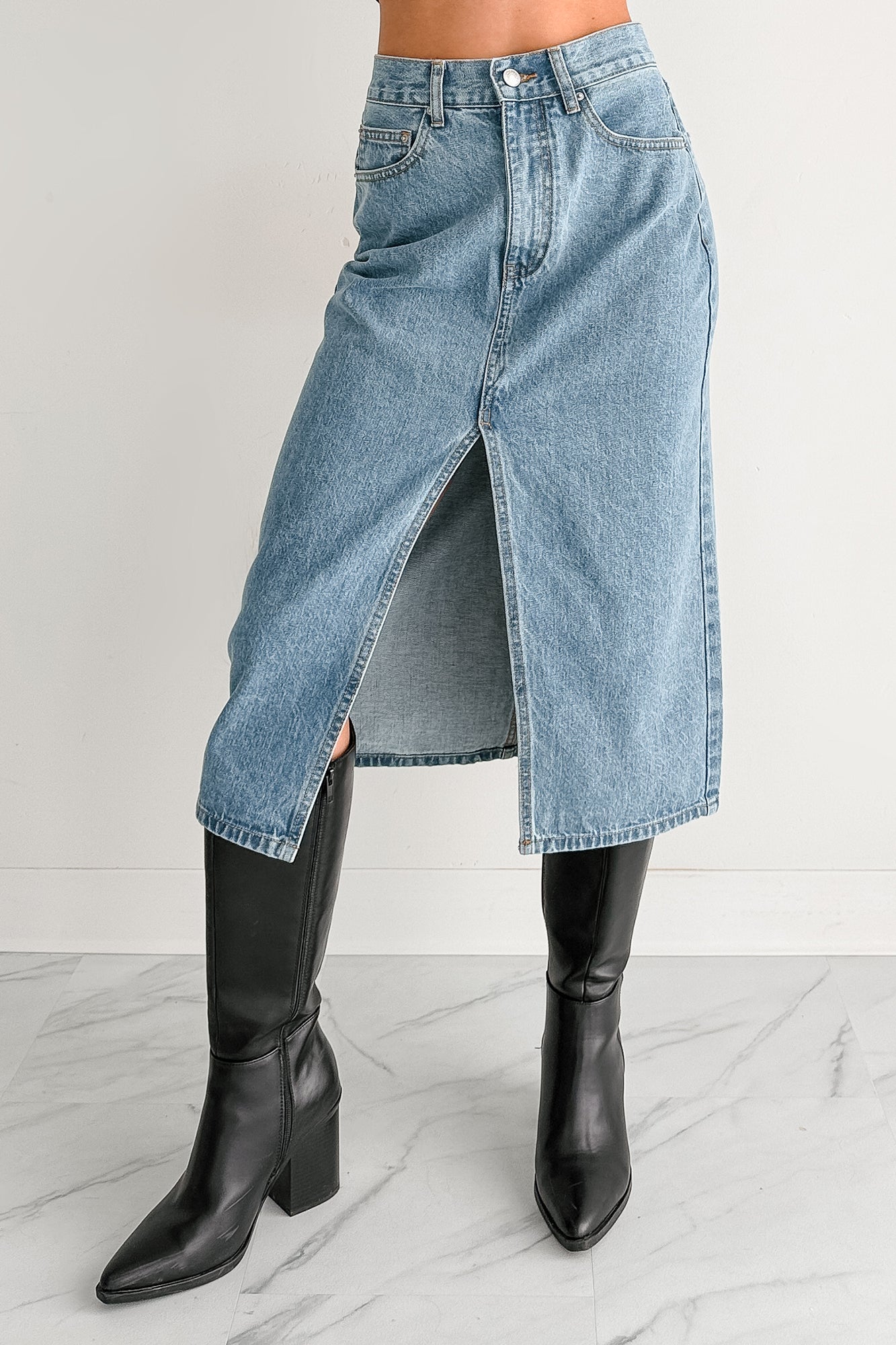 Stay Always Front Slit Midi Skirt (Medium Denim)
