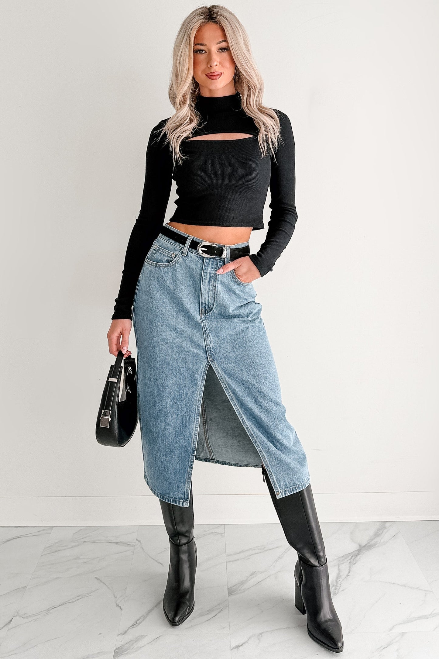 Leigh Long Sleeve Peekaboo Mock Neck Top (Black)