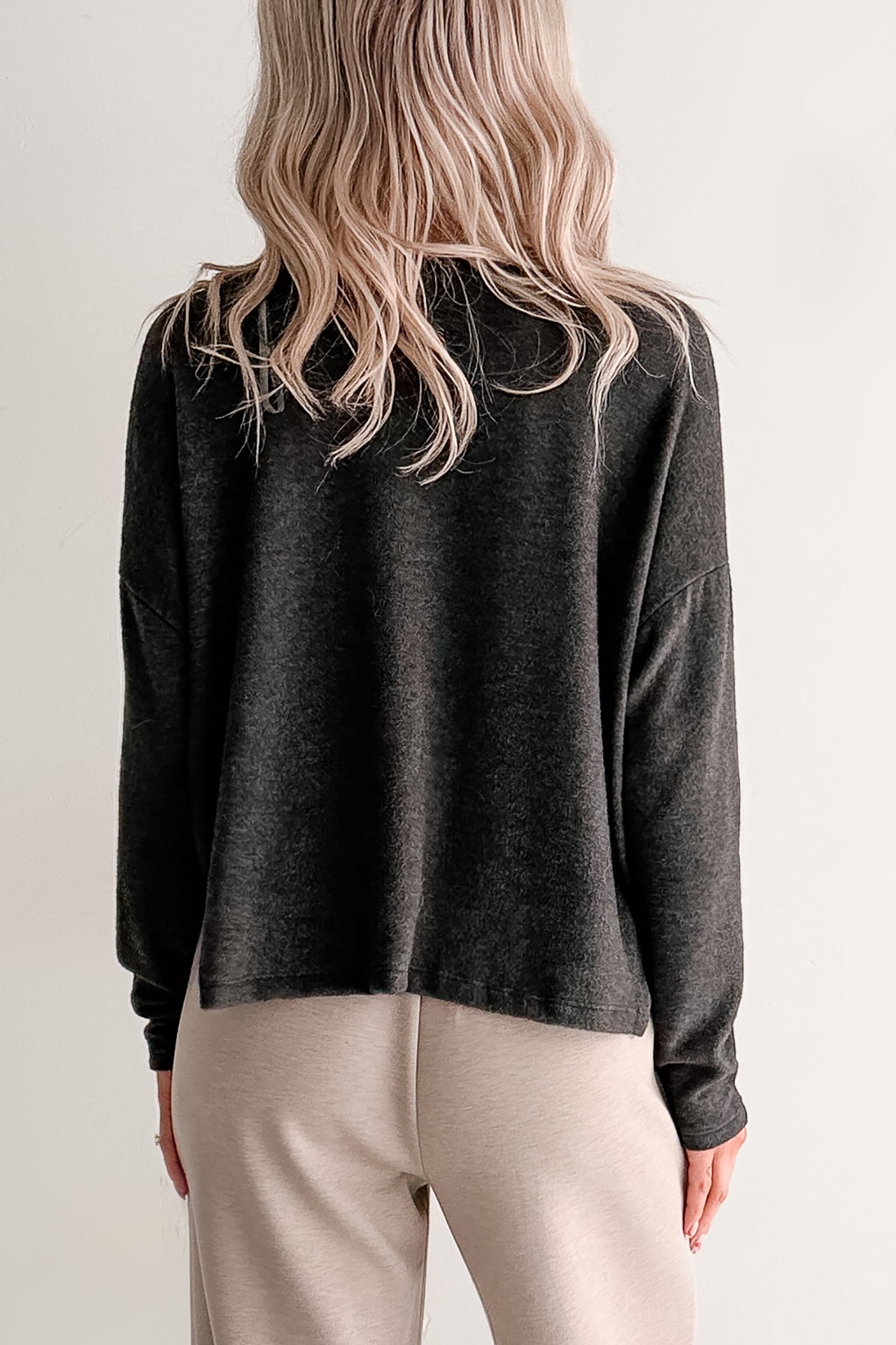 I Won't Mind Charcoal Fleece V-Neck Long Sleeve Top (Charcoal)