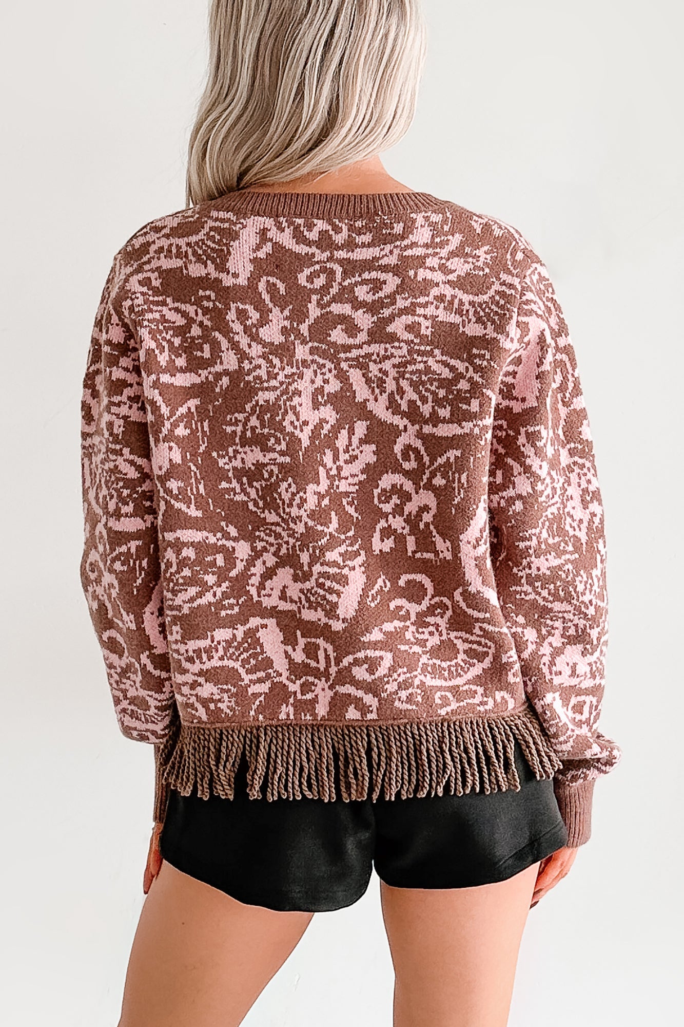 All I Really Want Floral Print Fringe Hem Cardigan (Mocha/Pink)
