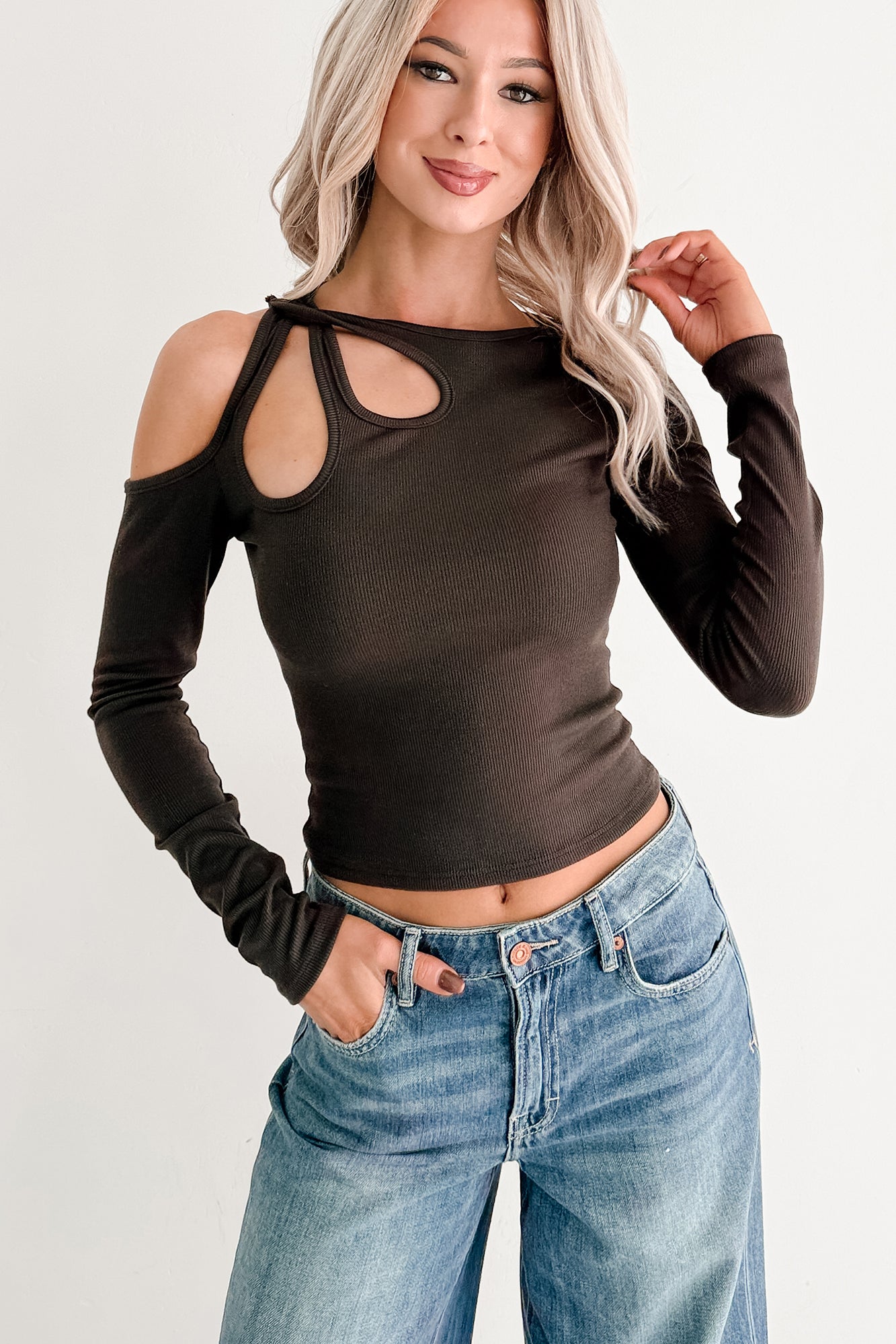 Keep It Light Cut-Out Long Sleeve Top (Chocolate)