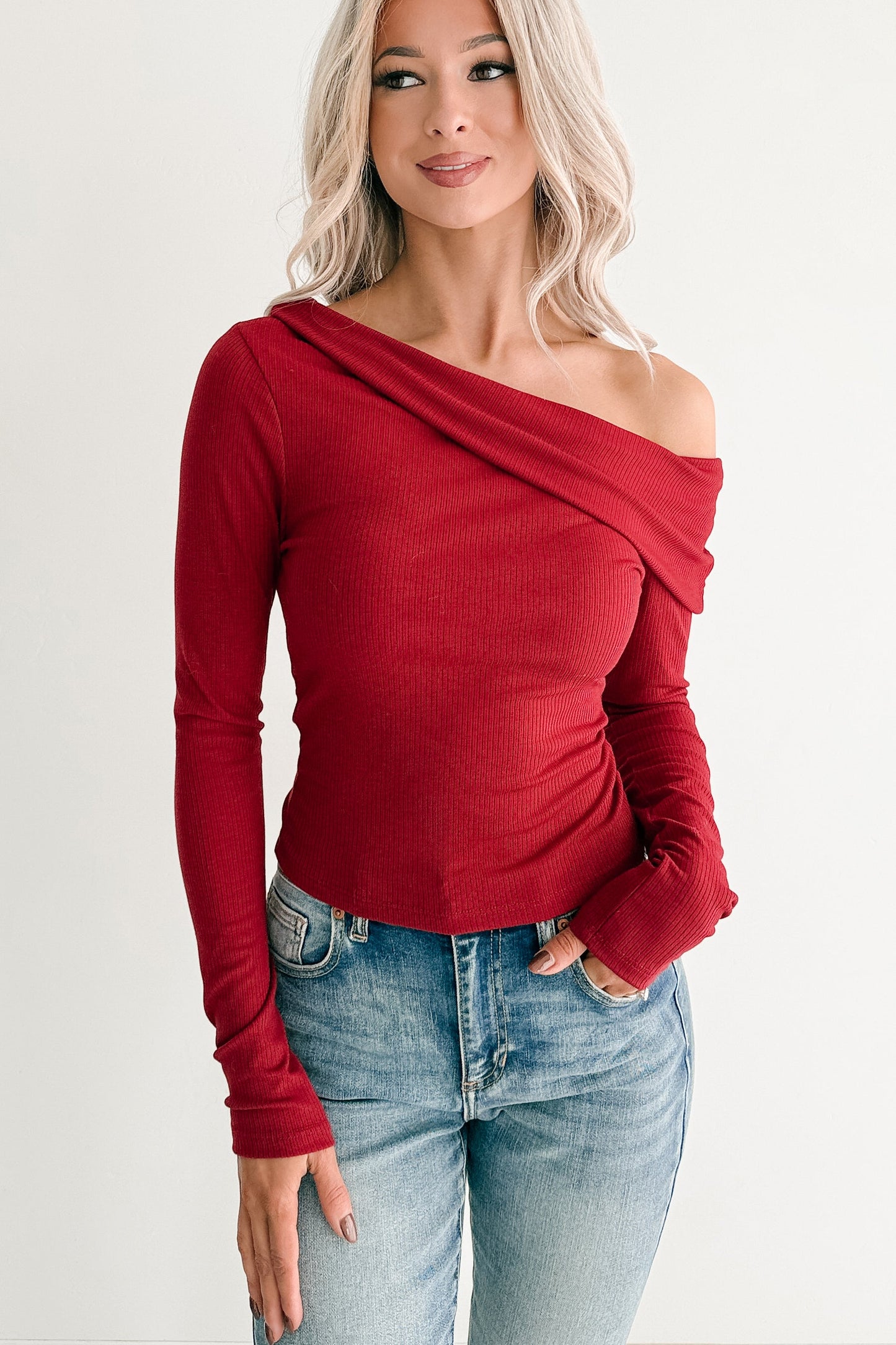 Luxe Basics One Shoulder Ribbed Top (Burgundy)