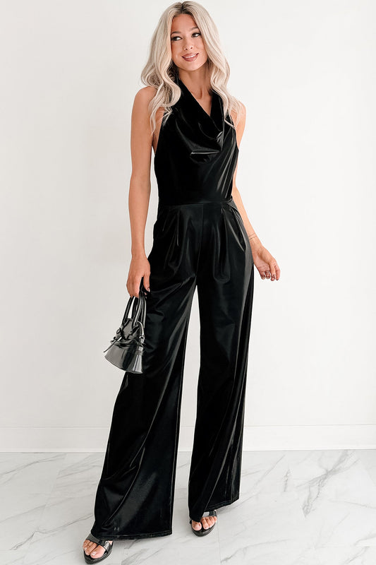 Meant To Win Faux Leather Halter Jumpsuit (Black)