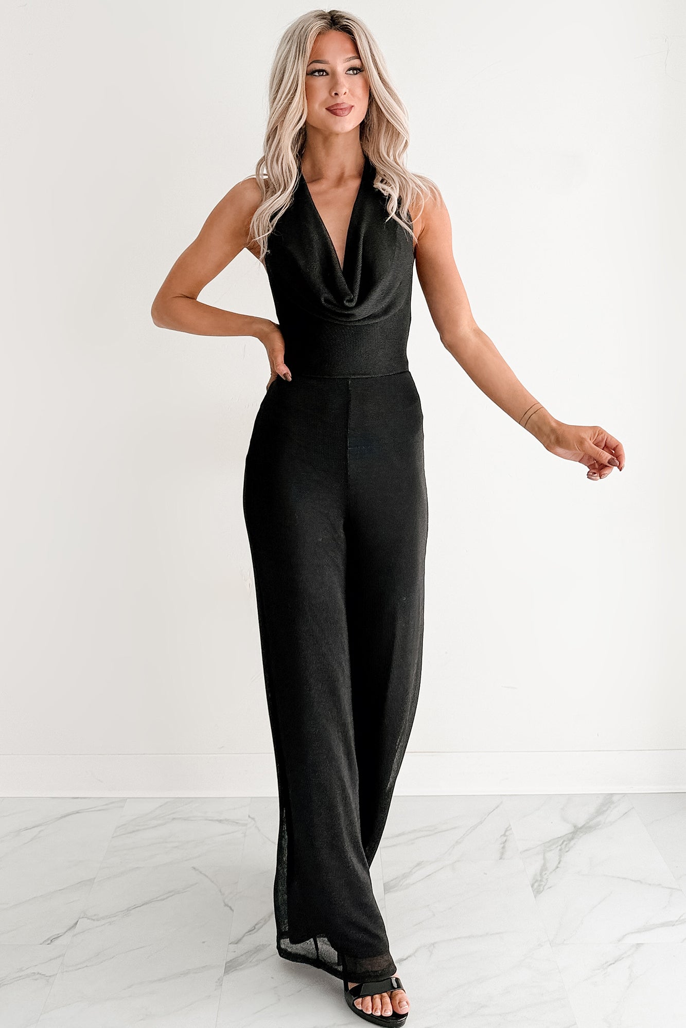 Dark & Dazzling Metallic Halter Jumpsuit (Black)