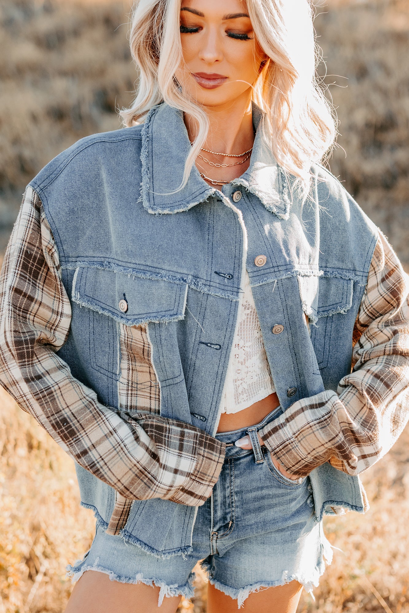 Daily Mode Plaid Denim Mix Jacket (Taupe Blend)
