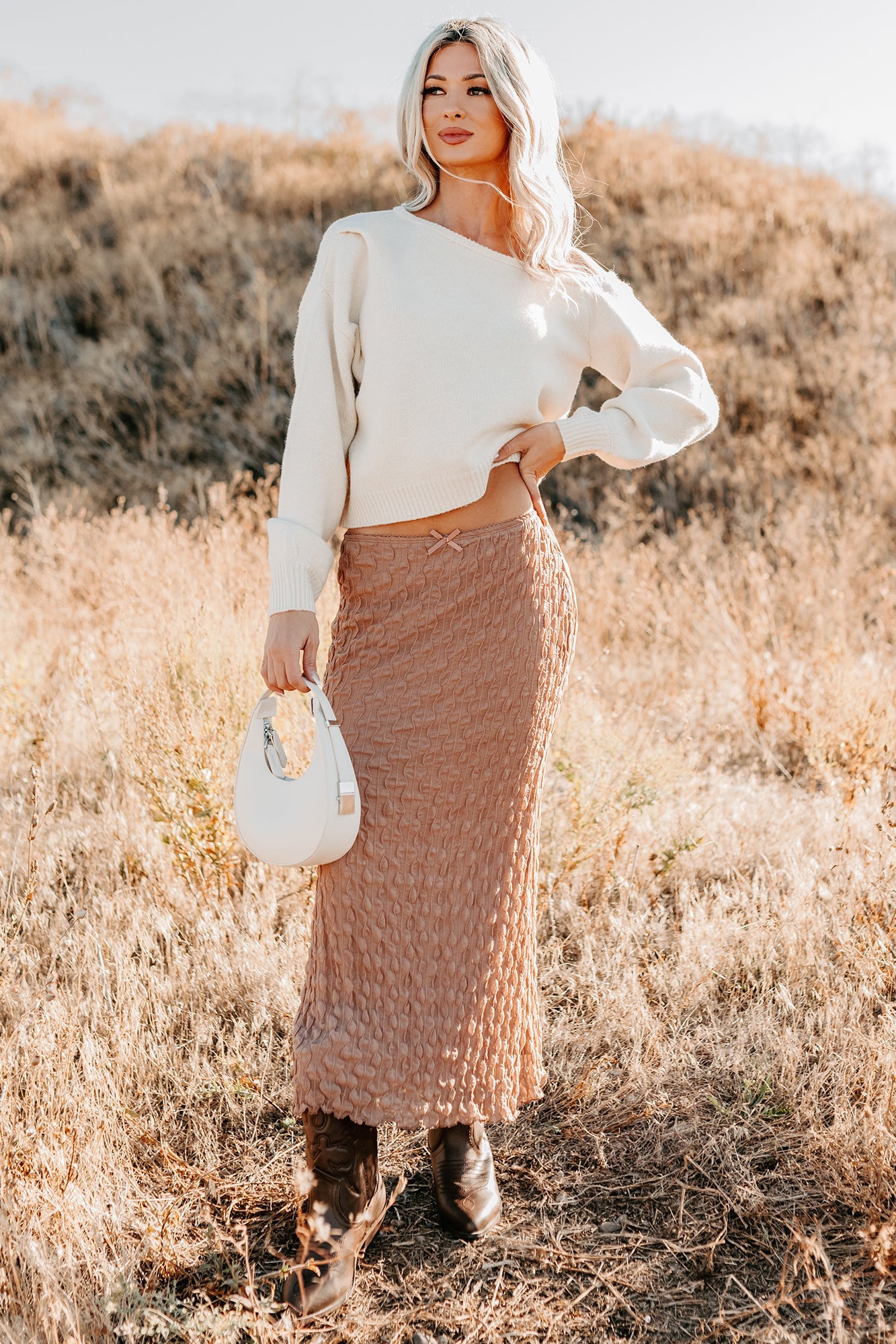 Polished Ease Textured Lace Maxi Skirt (Tan)