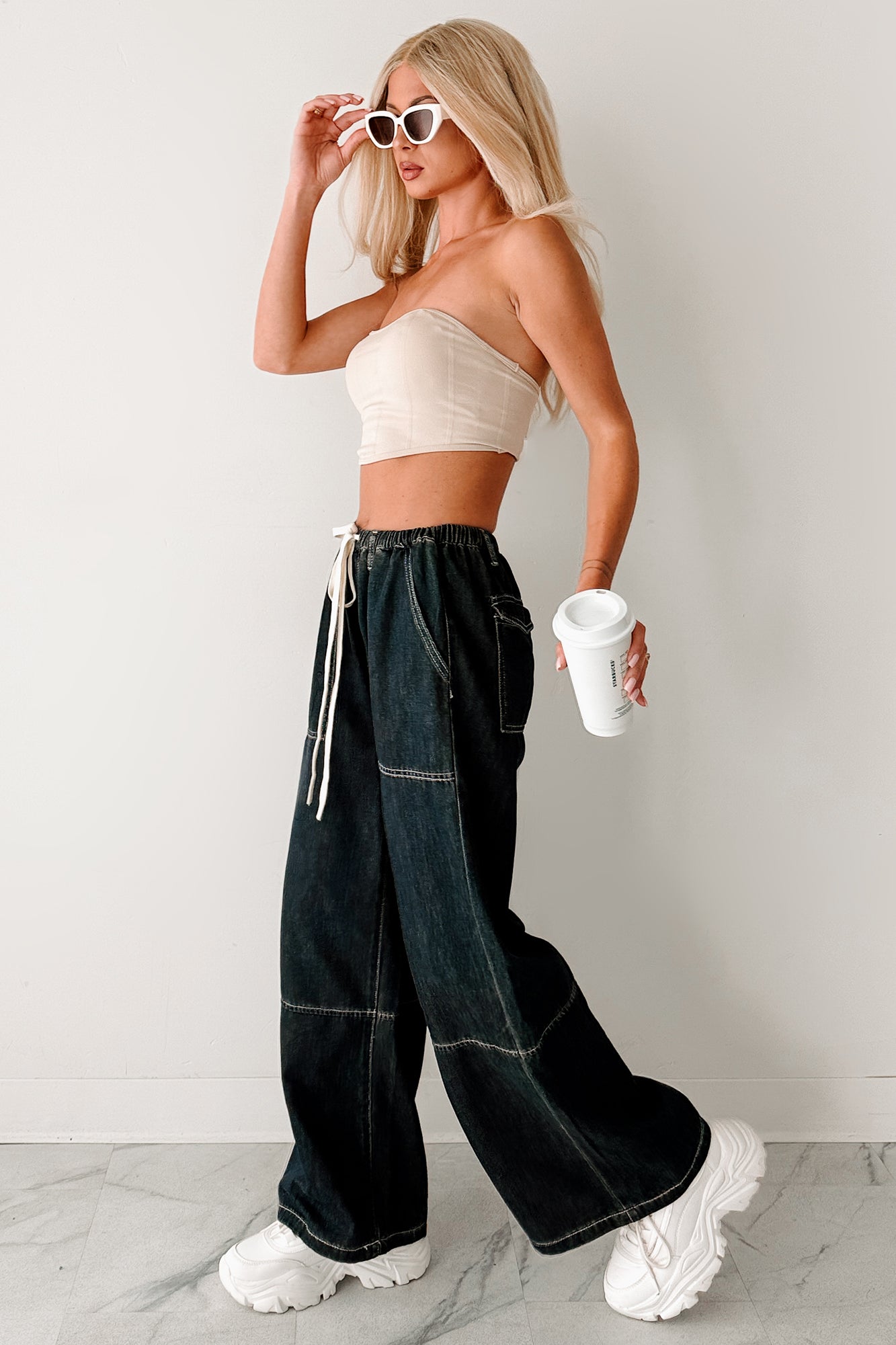 Chill Energy Wide Leg Drawstring Pants (Grey Denim)