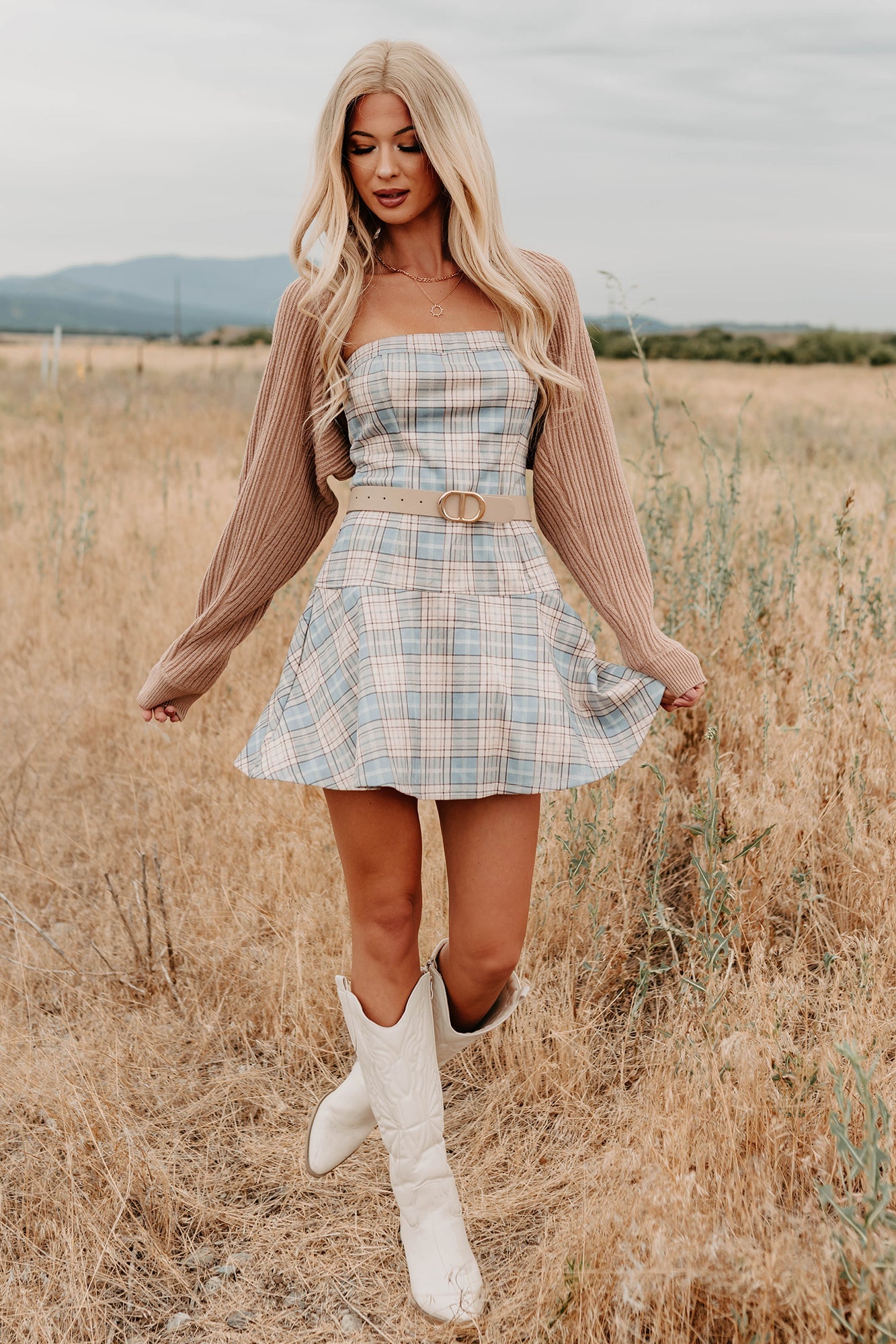 Hold Me Here Strapless Plaid Mini Dress (Light Blue)