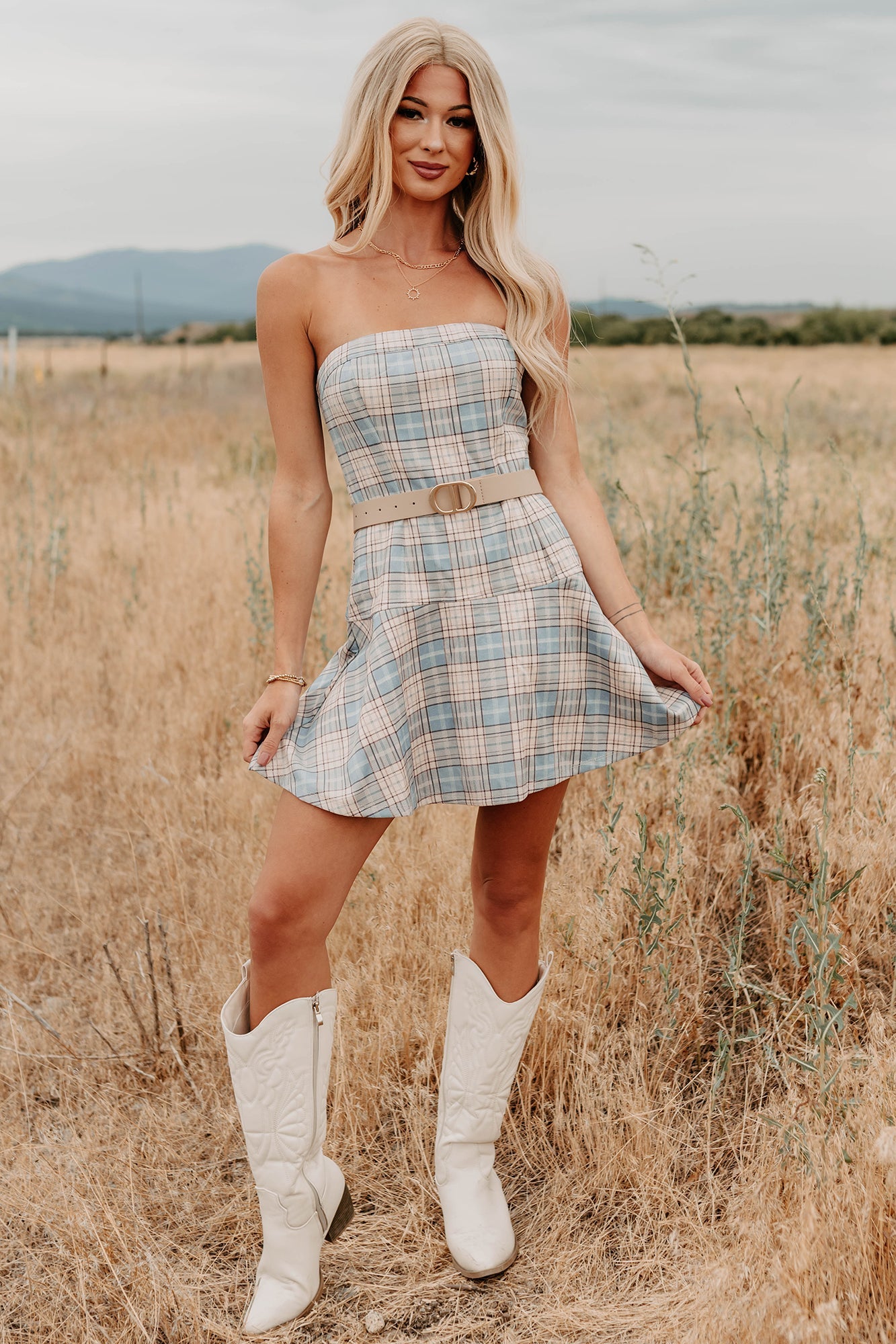 Hold Me Here Strapless Plaid Mini Dress (Light Blue)