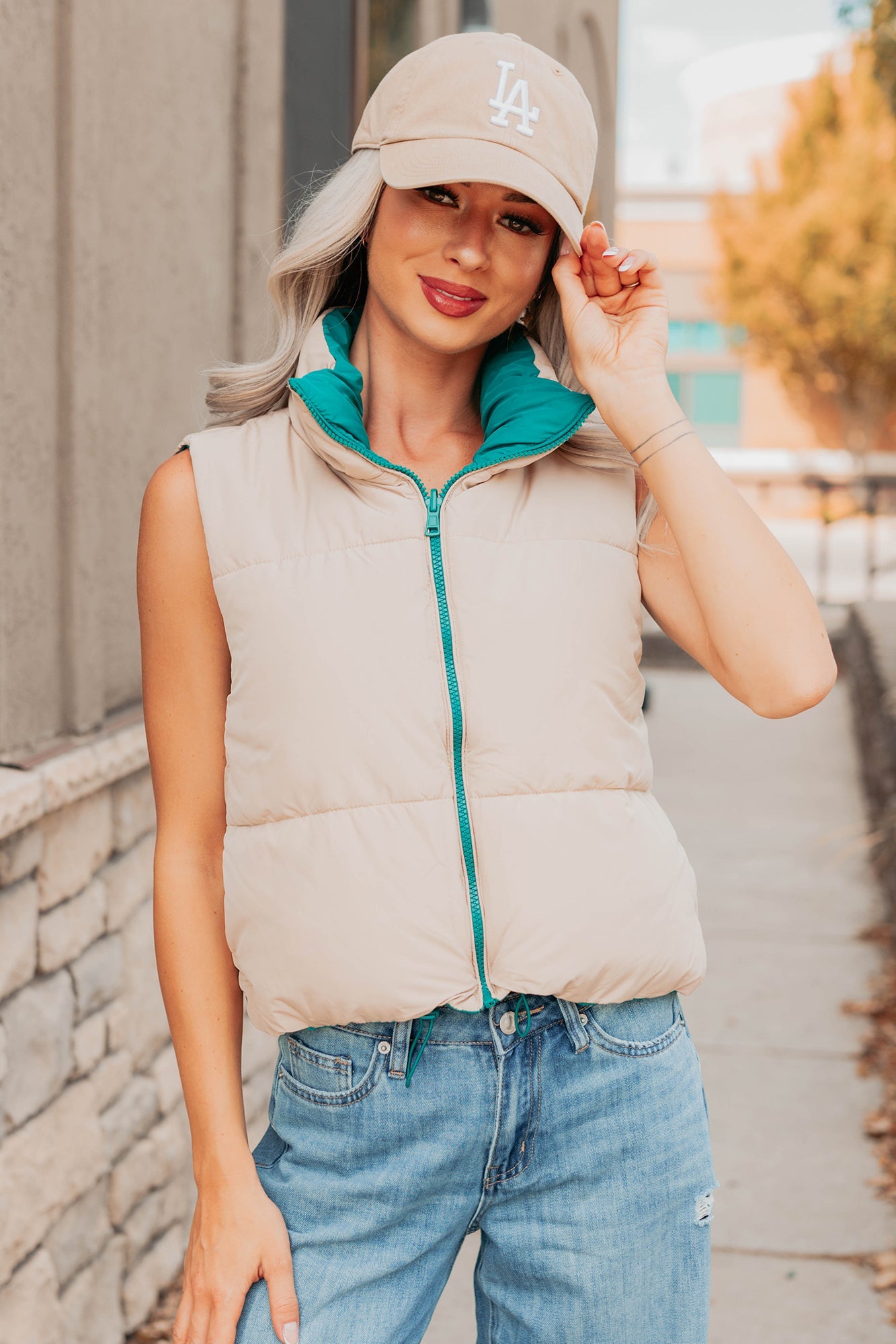 On The Reverse Side Reversible Puffer Vest (Green/Beige)