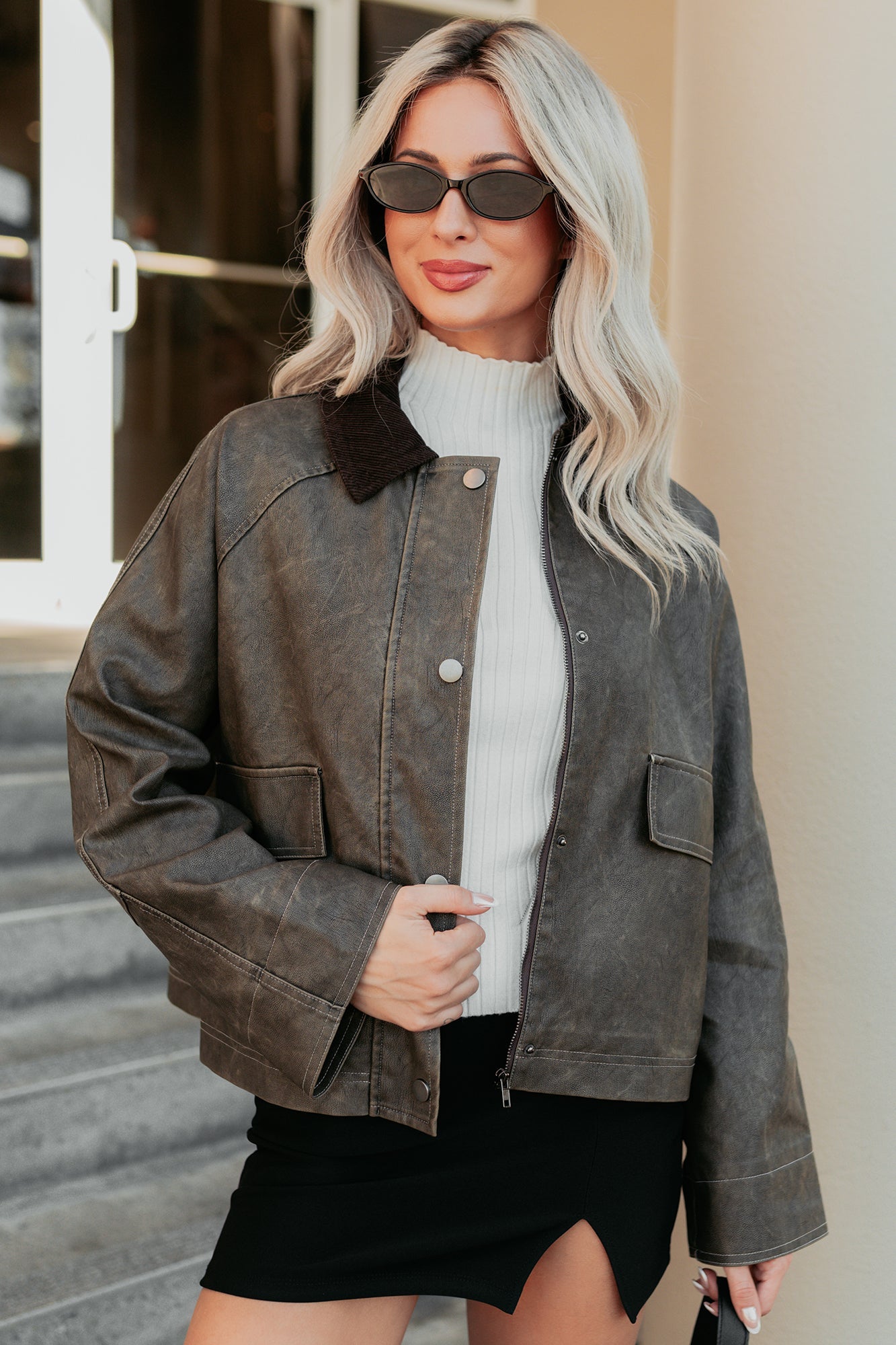Calmly Chic Washed Faux Leather Jacket (Brown)