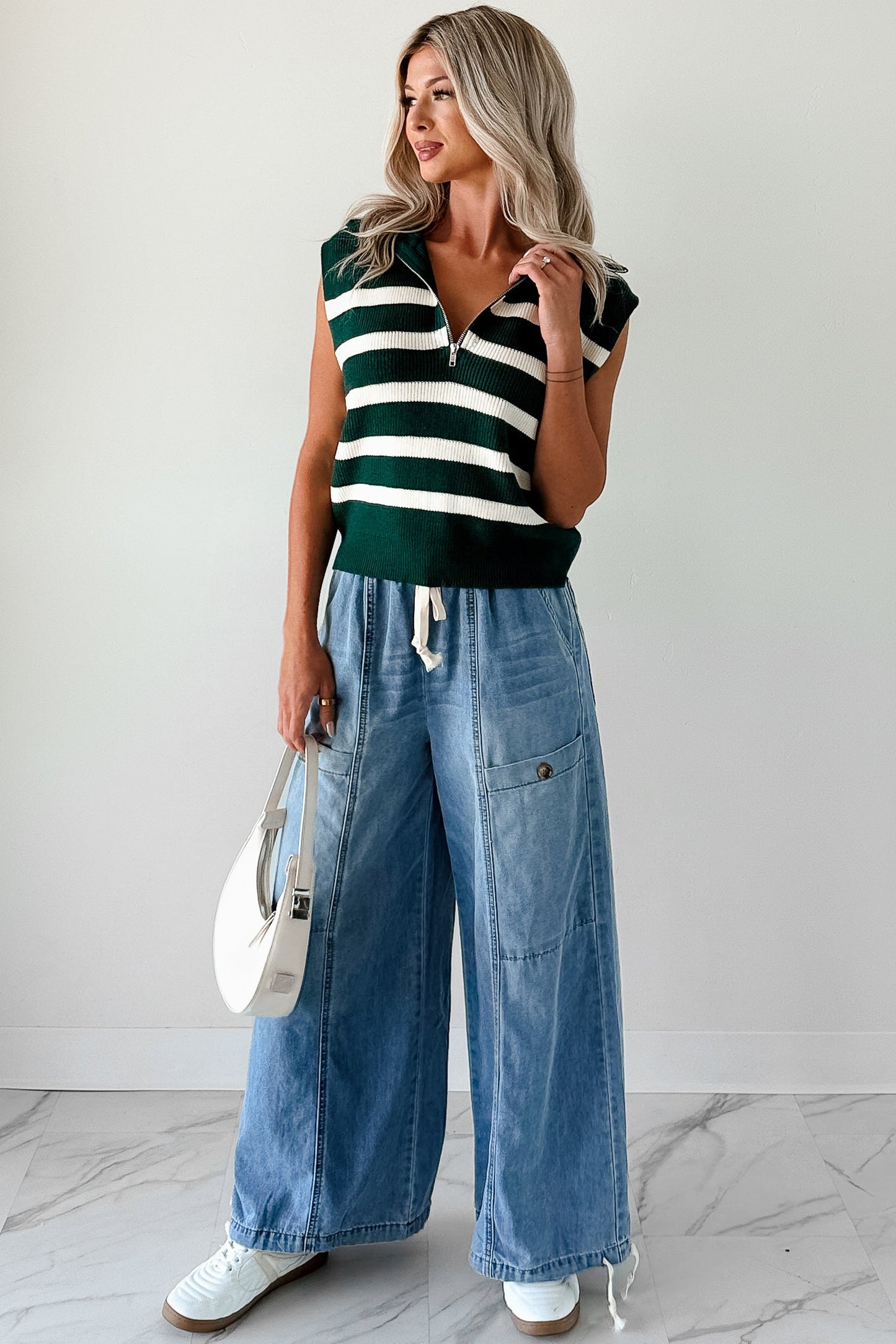 Daily Joys Striped Half-Zip Sweater Vest (Green/Cream)
