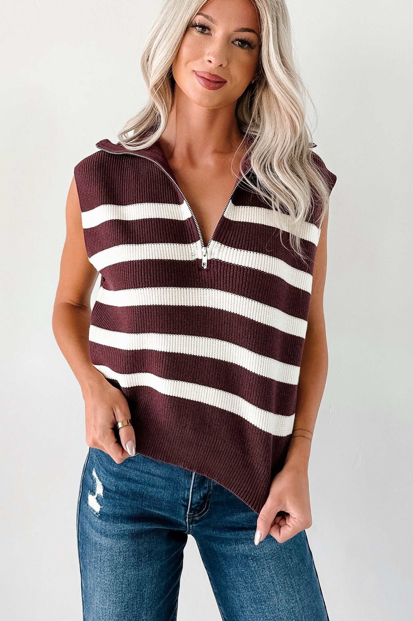 Daily Joys Striped Half-Zip Sweater Vest (Cherry/Cream)