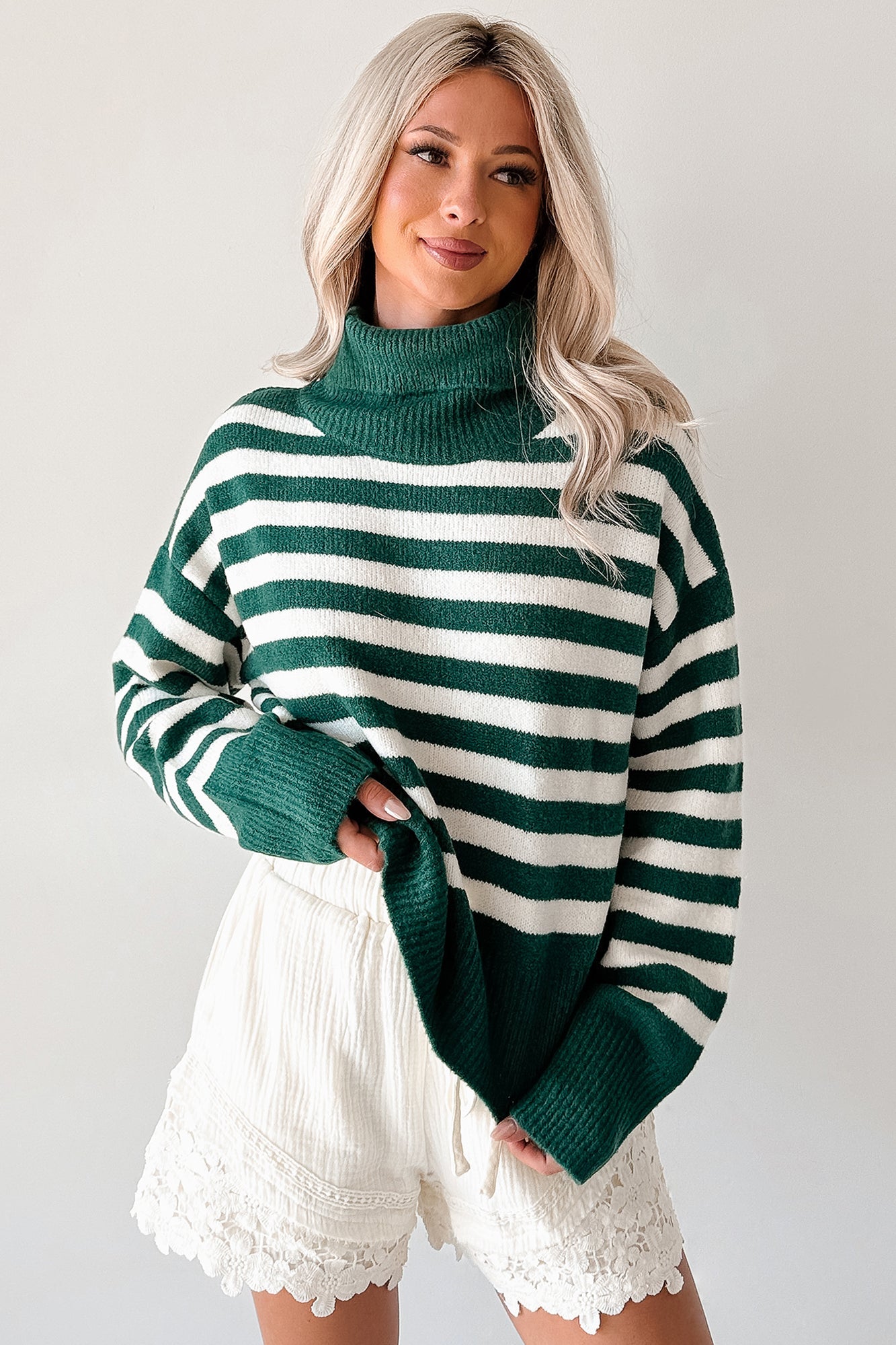 Don't You Worry Striped Turtleneck Sweater (Green/Ivory)