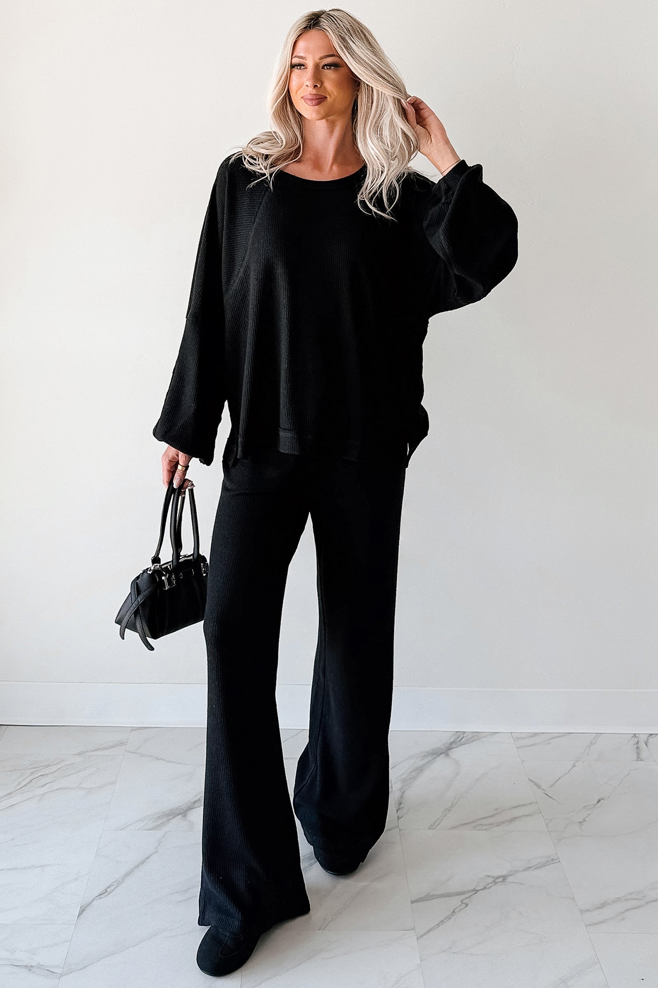Beyond Horizons Waffle Knit Wide Leg Pants (Black)