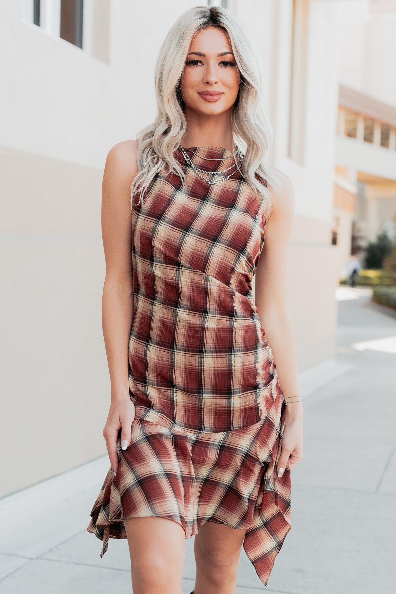 Purely Hers Sleeveless Plaid Mini Dress (Rust Plaid)