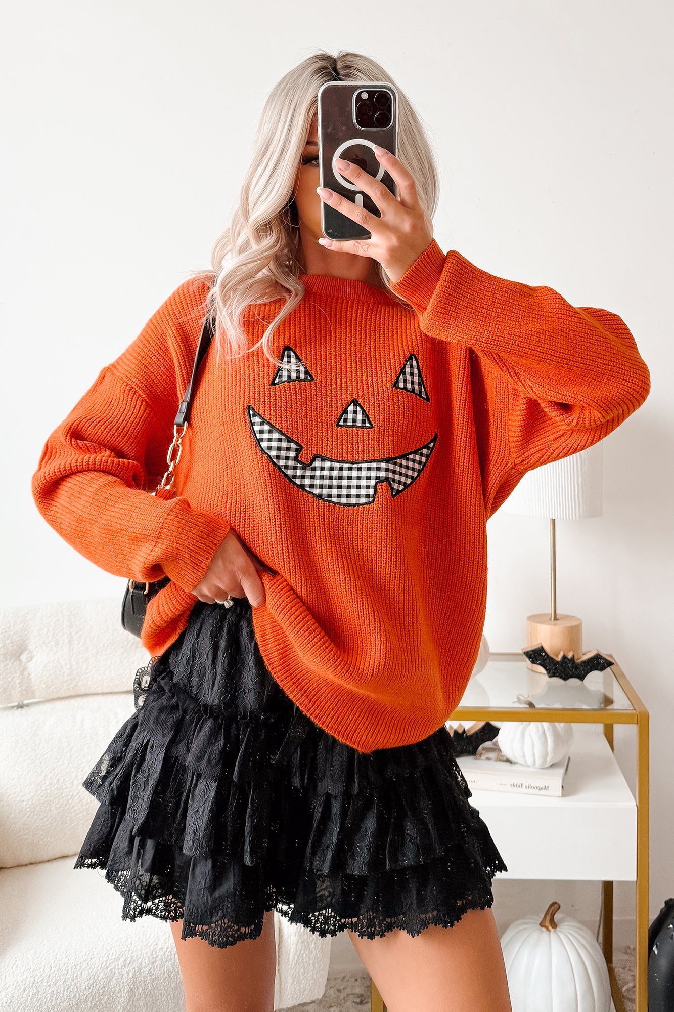 Jack-O-Lantern Embroidered Sweater (Burnt Orange)