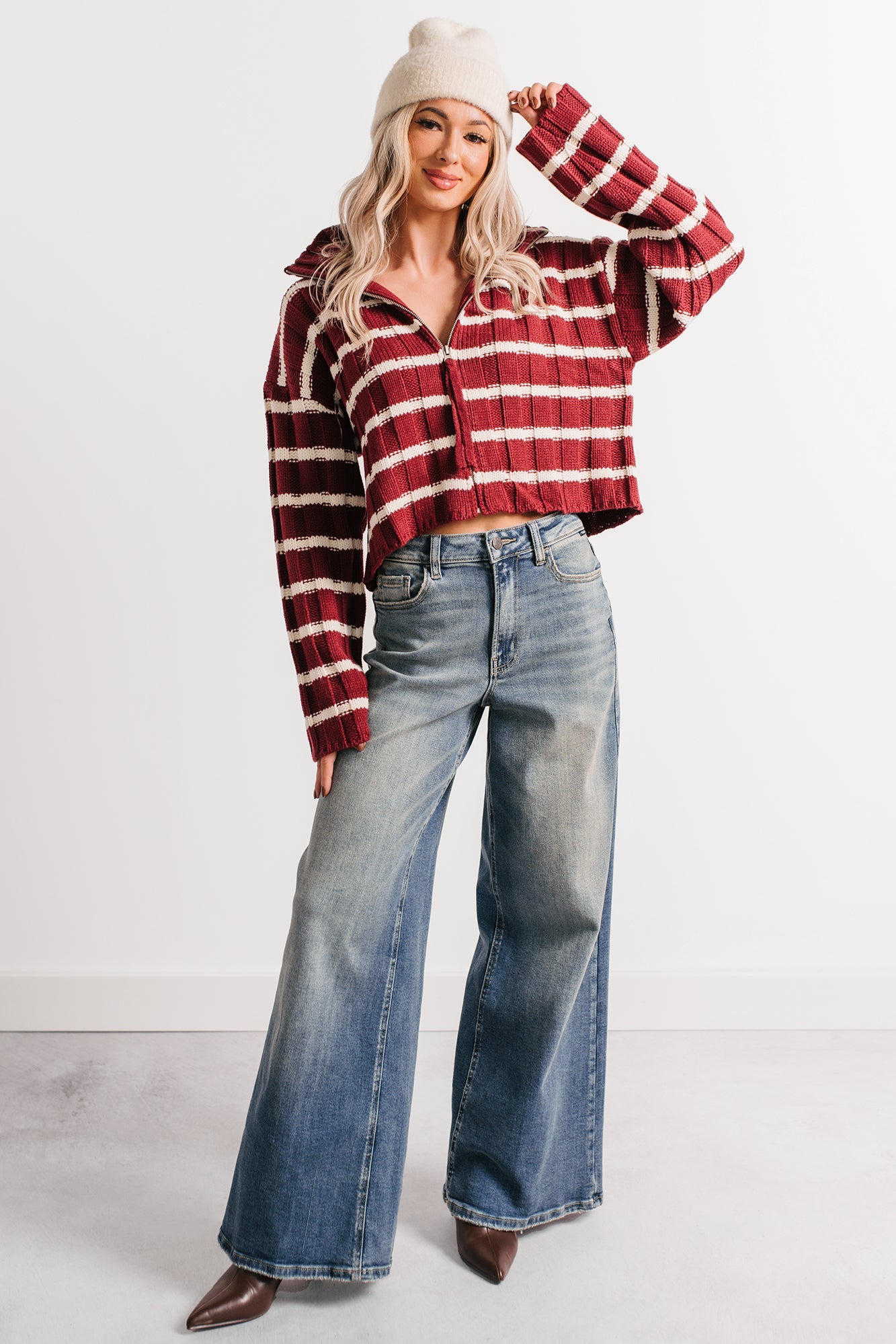 Calm Assurance Striped Zip-Up Sweater Jacket (Wine)