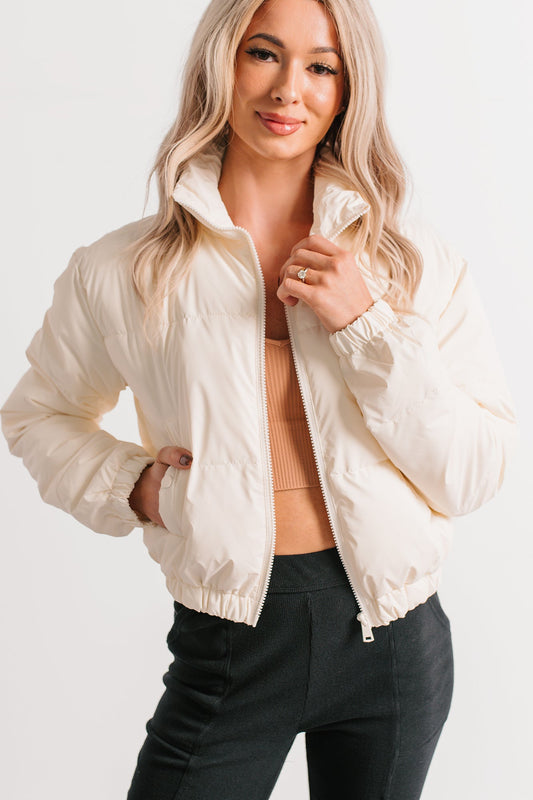 Night Shift Mock Turtleneck Zip-Up Puffer Jacket (Off-White)