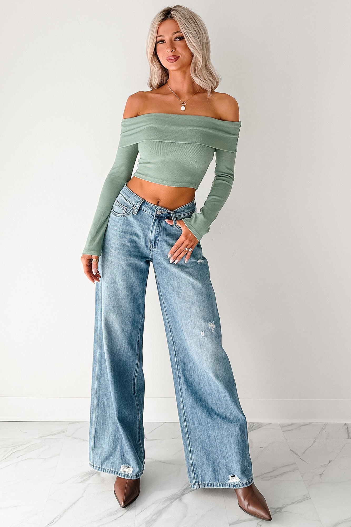 Fall Into Me Off The Shoulder Crop Top (Basil)