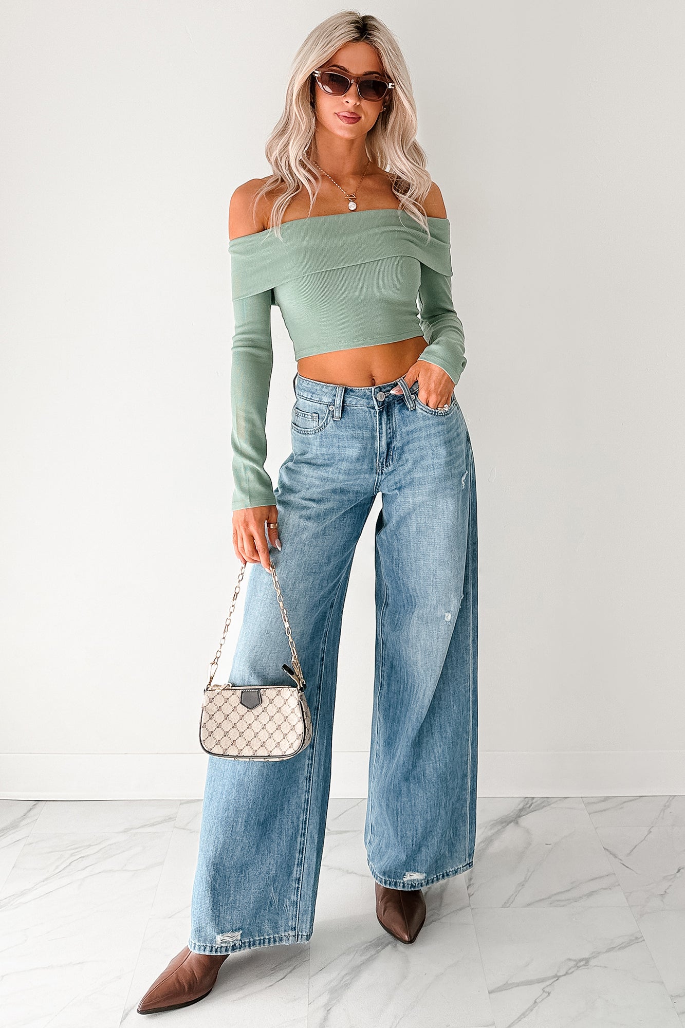Fall Into Me Off The Shoulder Crop Top (Basil)