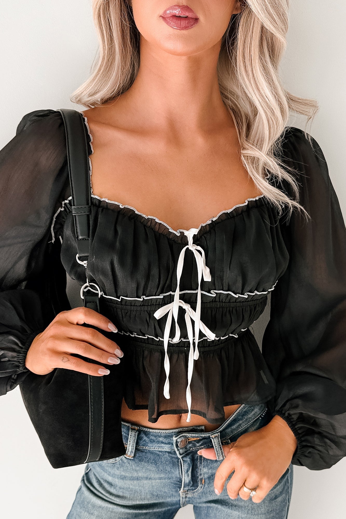 Cute With It Sweetheart Neck Bow Detail Top (Black)