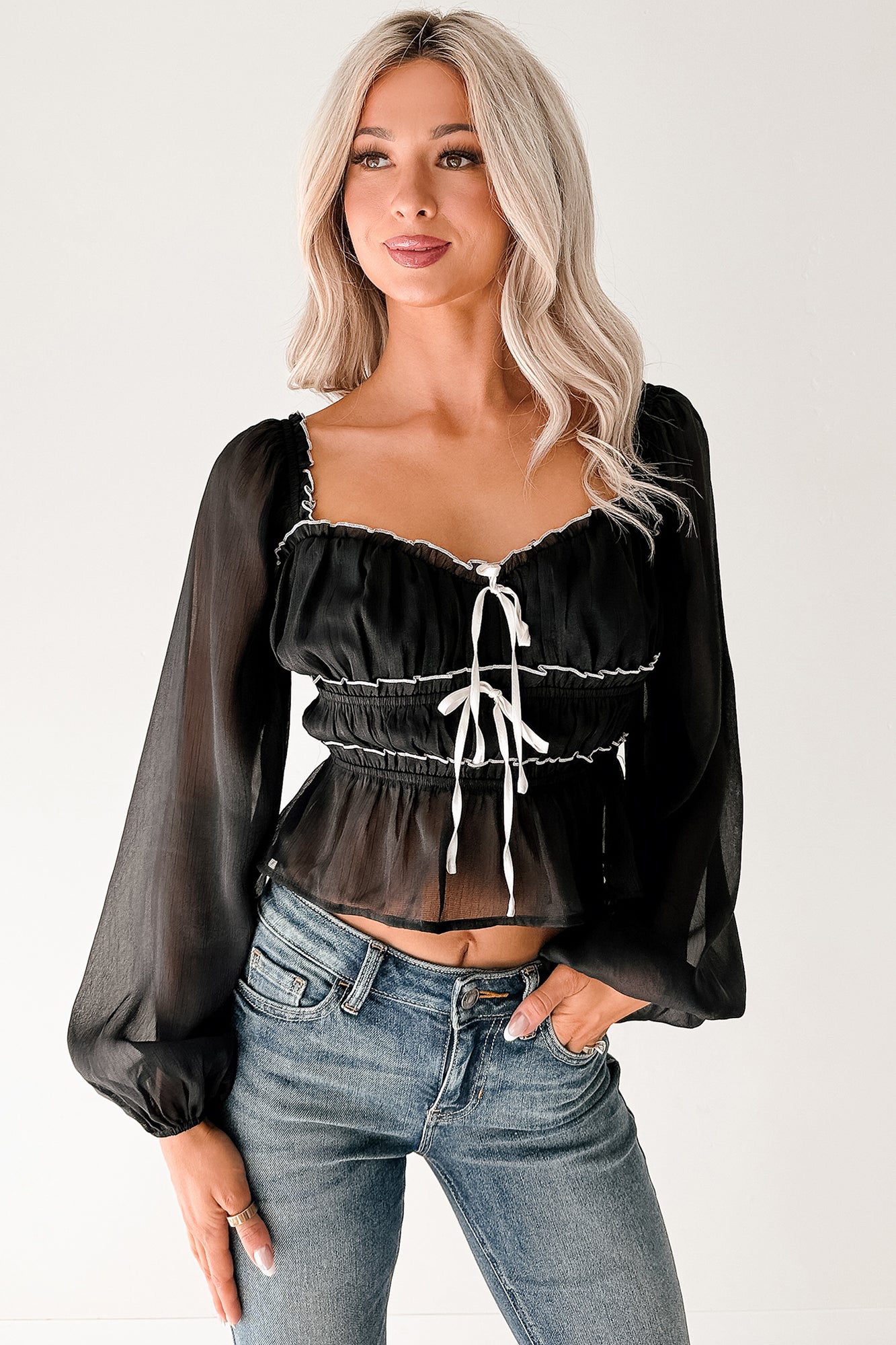 Cute With It Sweetheart Neck Bow Detail Top (Black)