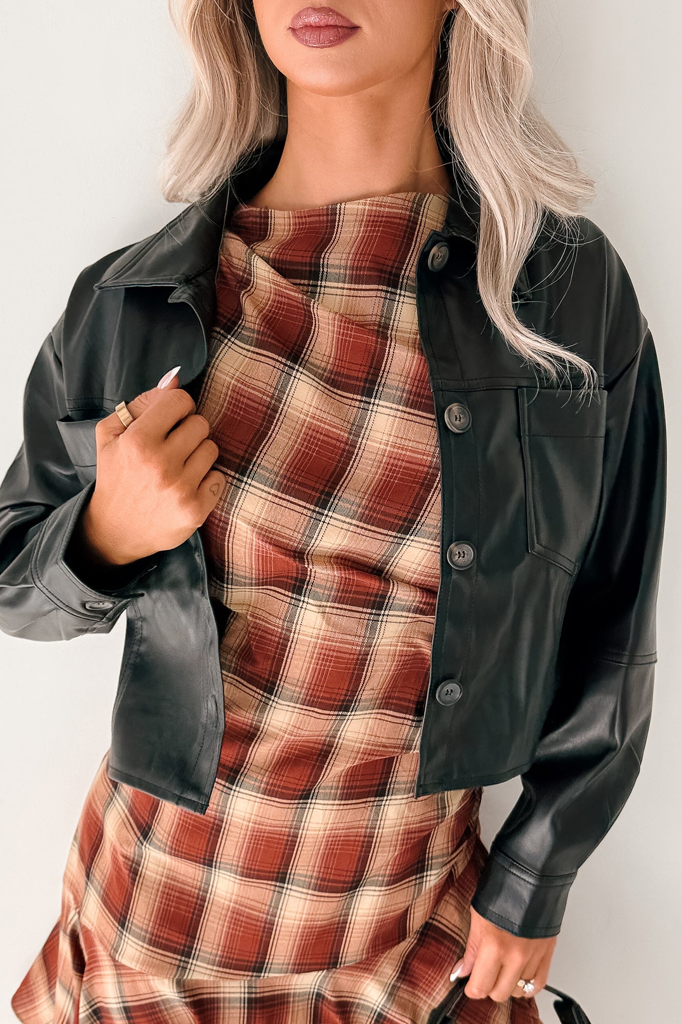 Minimal Motion Faux Leather Button-Up Jacket (Black)