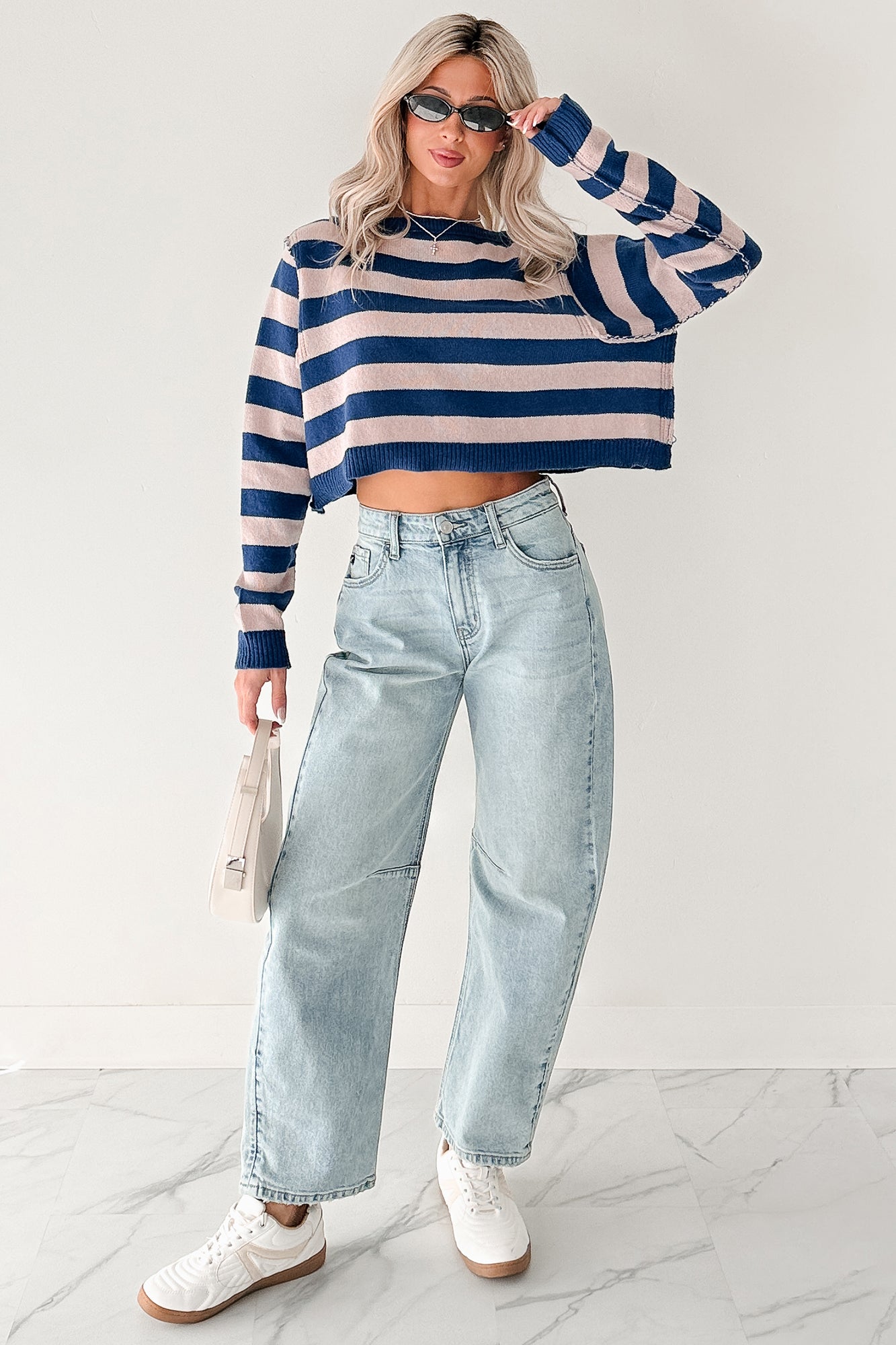 Wishing Well Stripe Boat Neck Sweater (Cobalt/Dusty Pink)