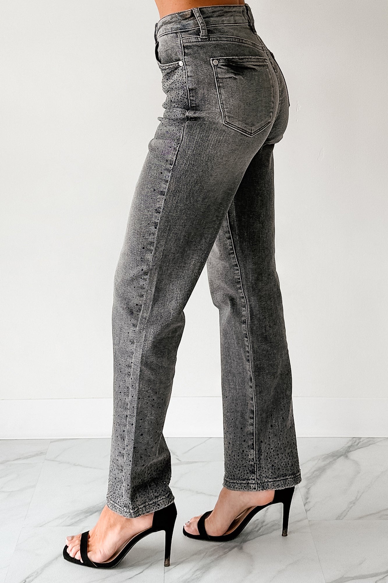 Kourtney Judy Blue Rhinestone Detail Straight Leg Jeans (Grey)