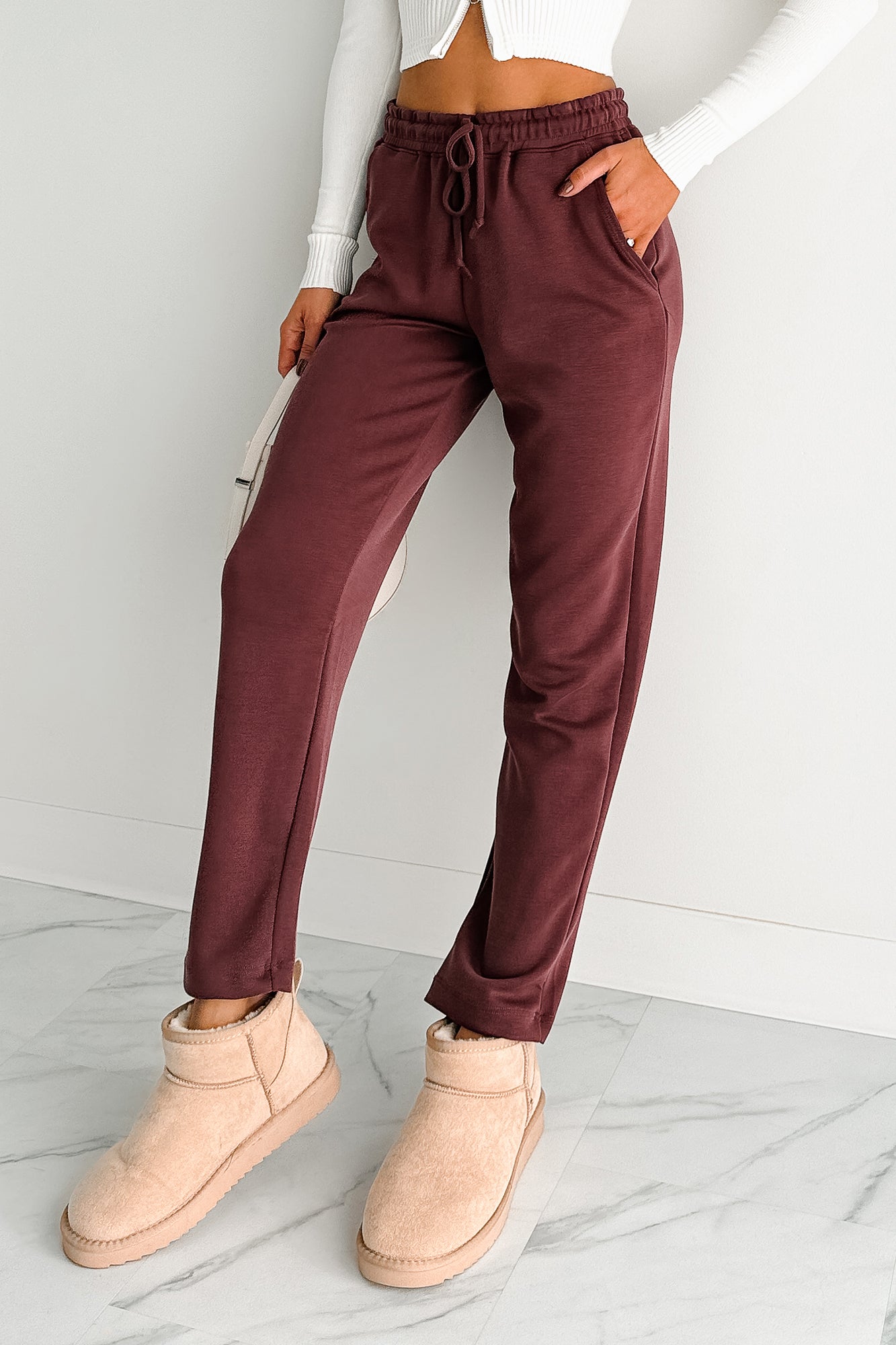Chasing Goals Soft Front Tie Cropped Jogger Pants (Maroon)