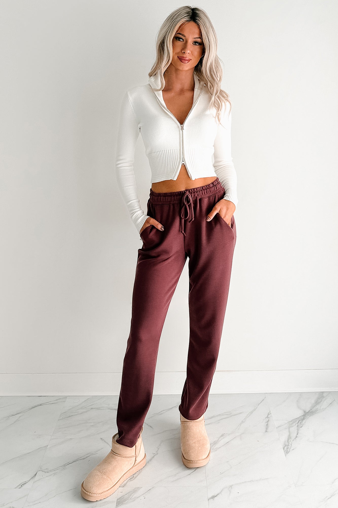 Chasing Goals Soft Front Tie Cropped Jogger Pants (Maroon)