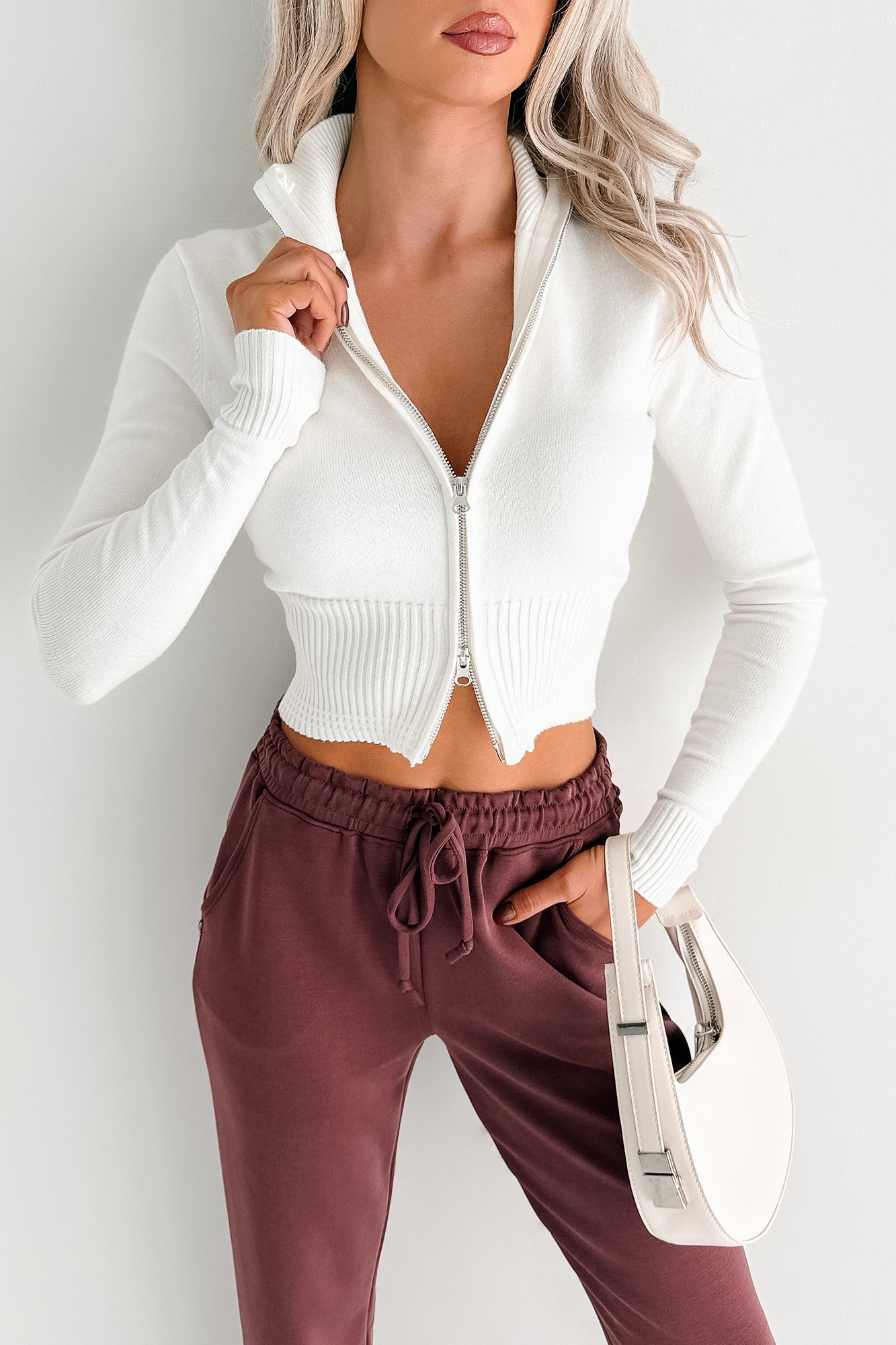 Preferred Taste Mock Neck Zip-Up Sweater (Ivory)