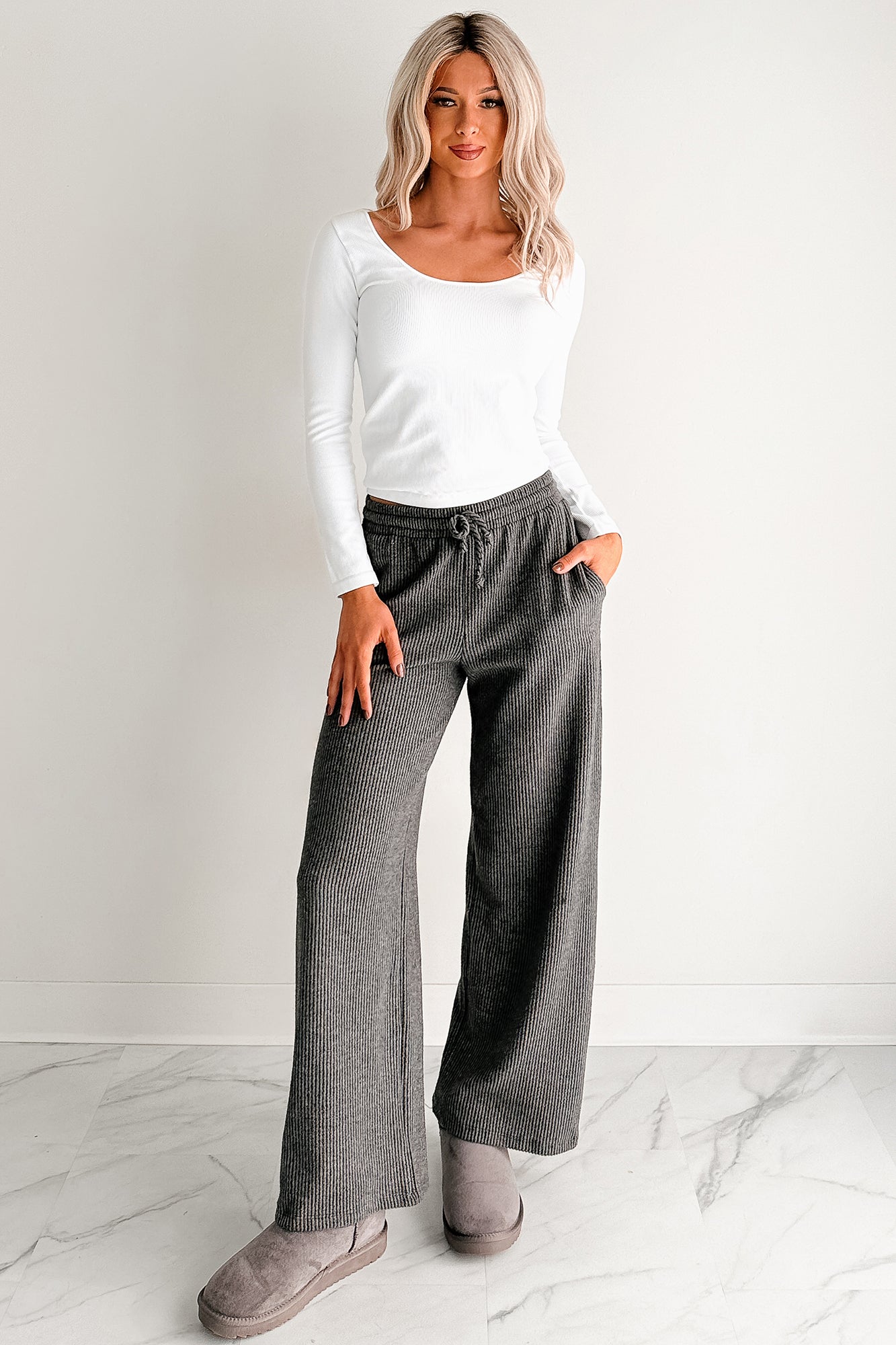 Cozy Feeling Ribbed Wide Leg Pants (Charcoal)