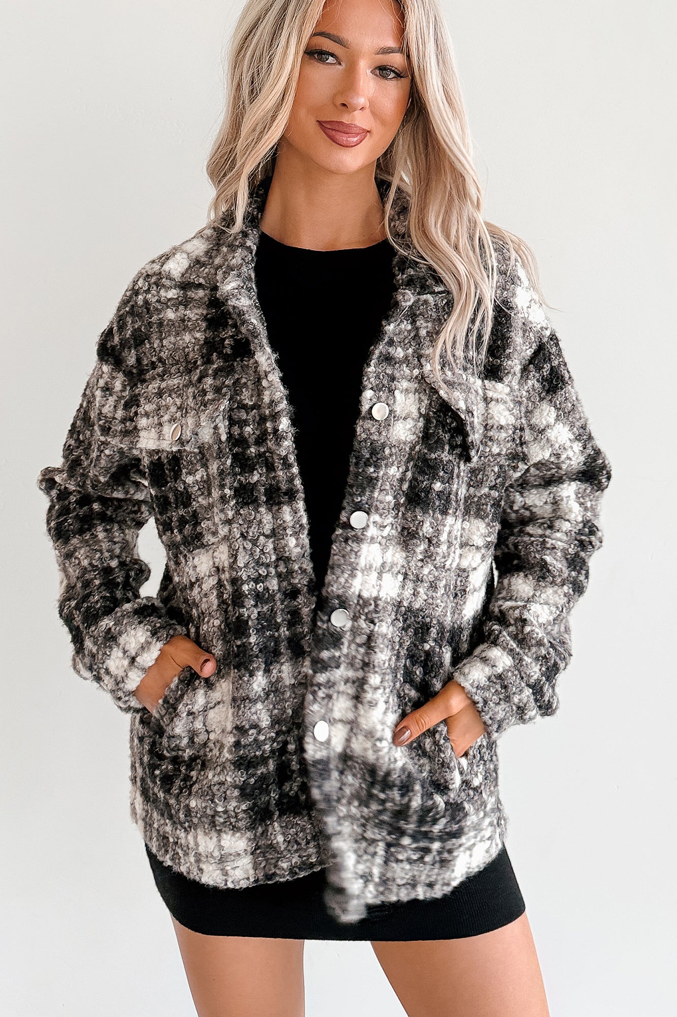 Deadline Driven Plaid Boucle Button-Up Jacket (Black)