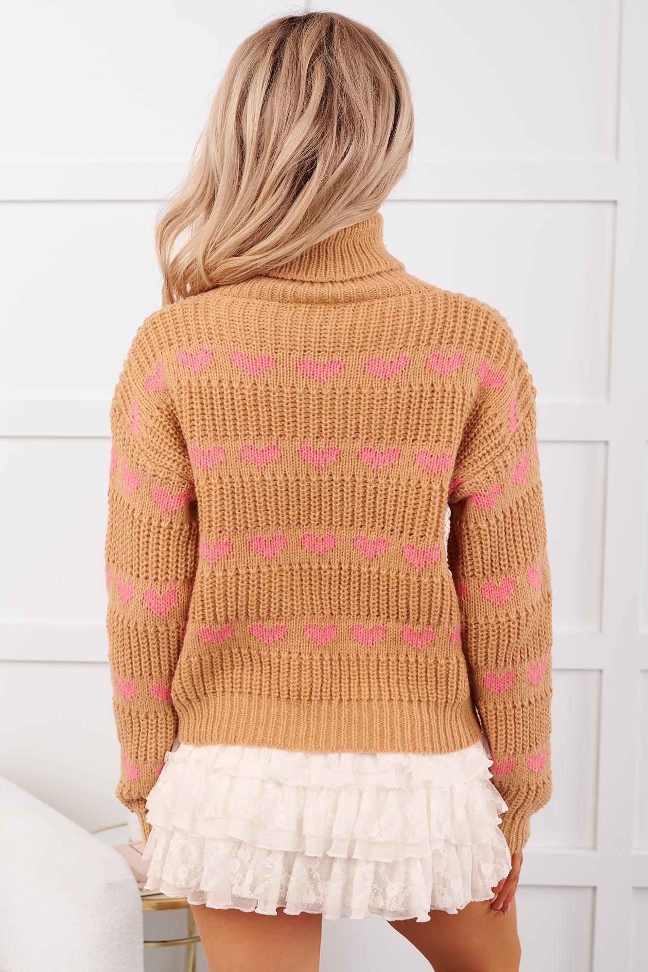 Feelin' Loving Heart Striped Turtleneck Sweater (Taupe/Pink)