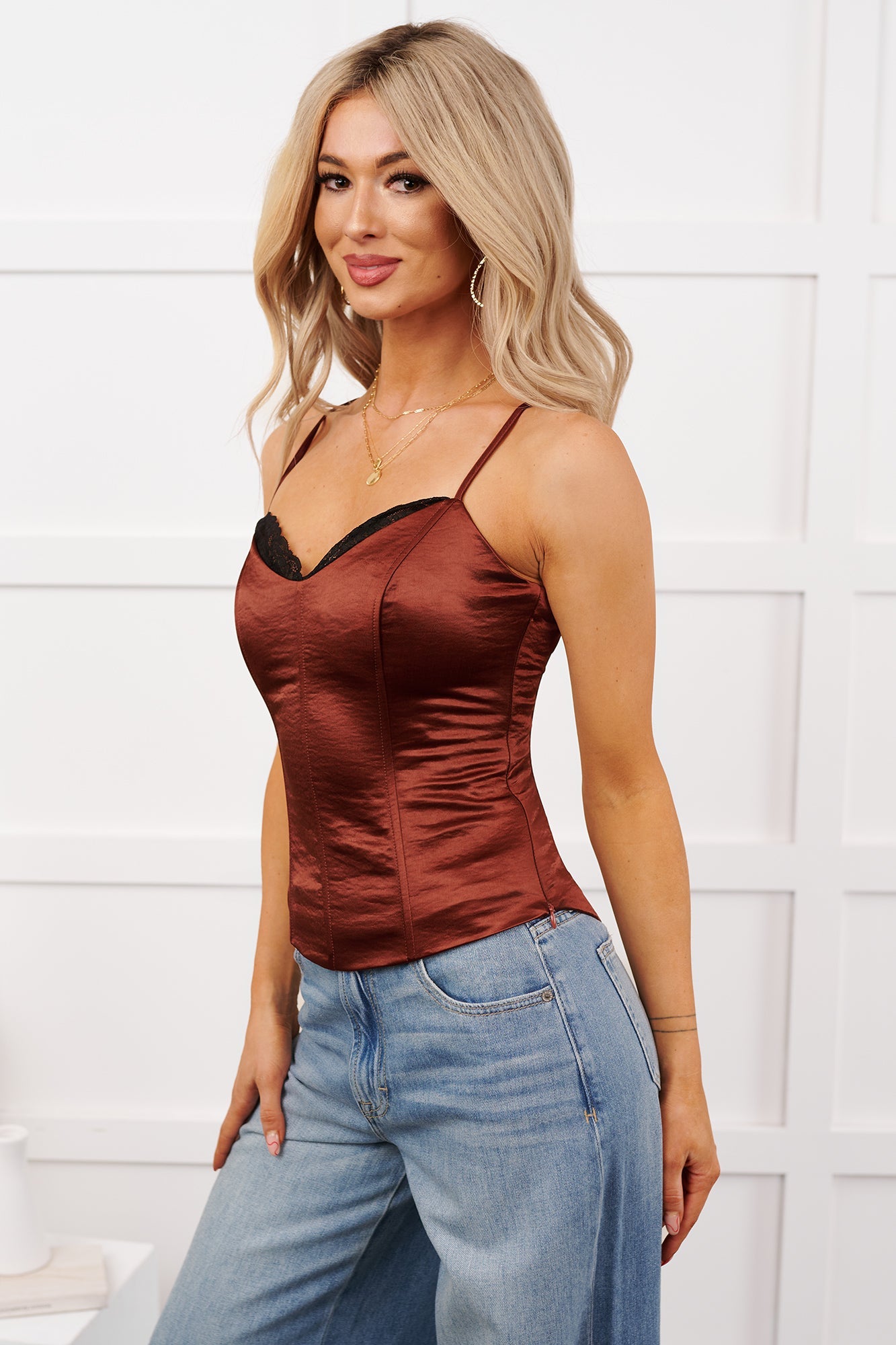 Keep Posted Sleeveless Satin Corset Top (Chocolate)