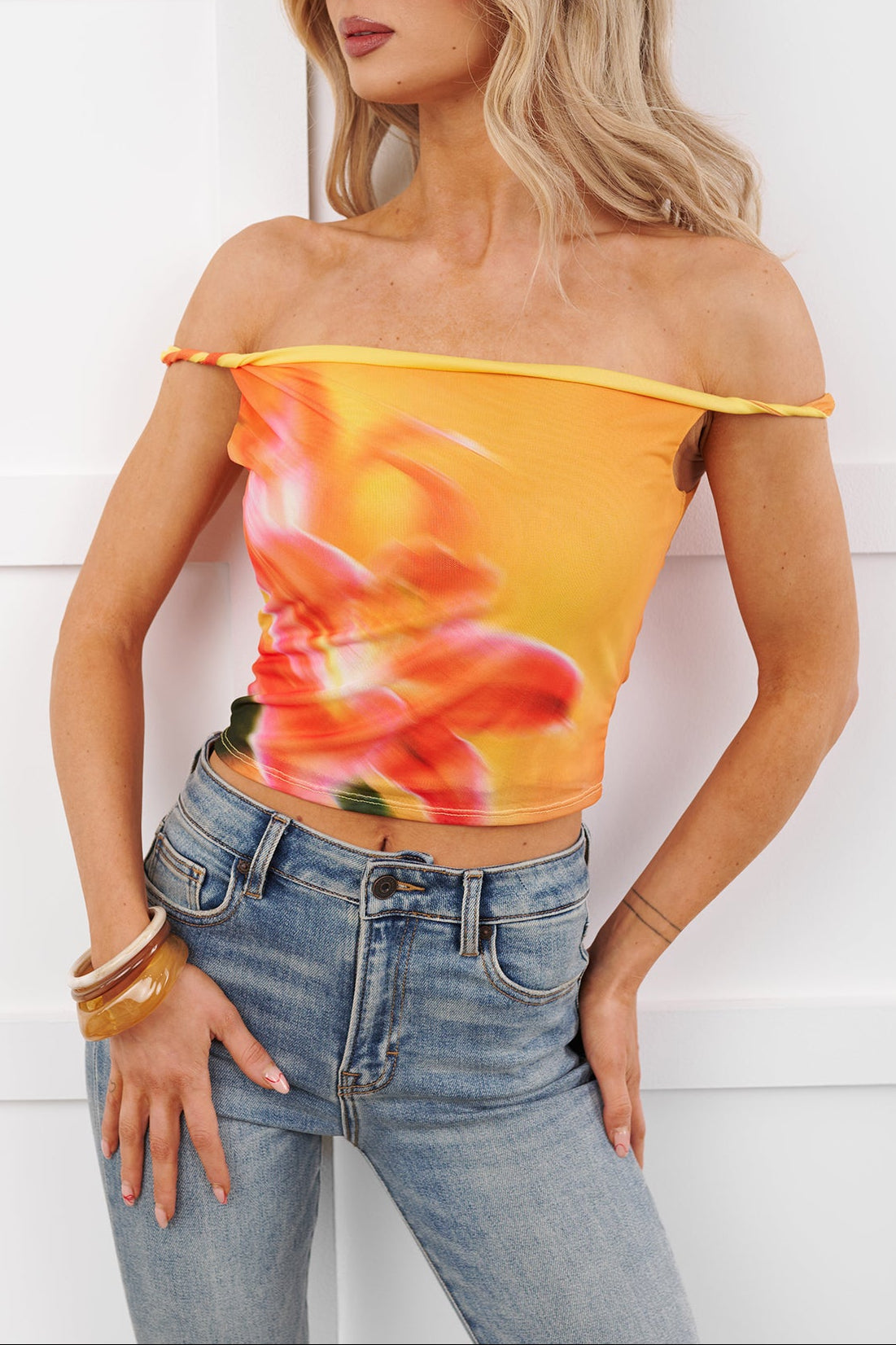 Easy Mood Sleeveless Cowl Crop Top (Orange/Multi)