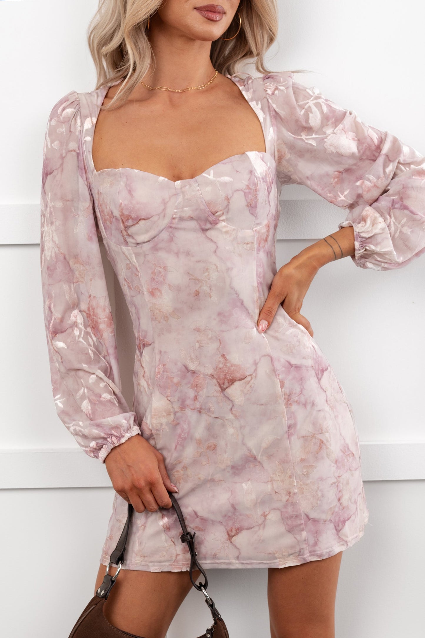 Flirt Filled Long Sleeve Floral Mini Dress (Dusty Pink)