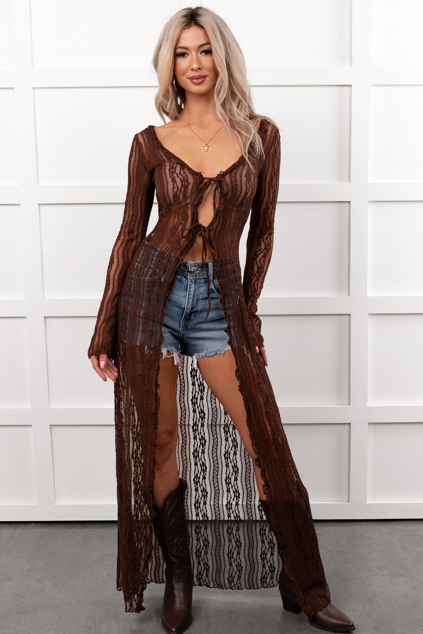 Boho Chic Behavior Lace Duster Cardigan (Brown)