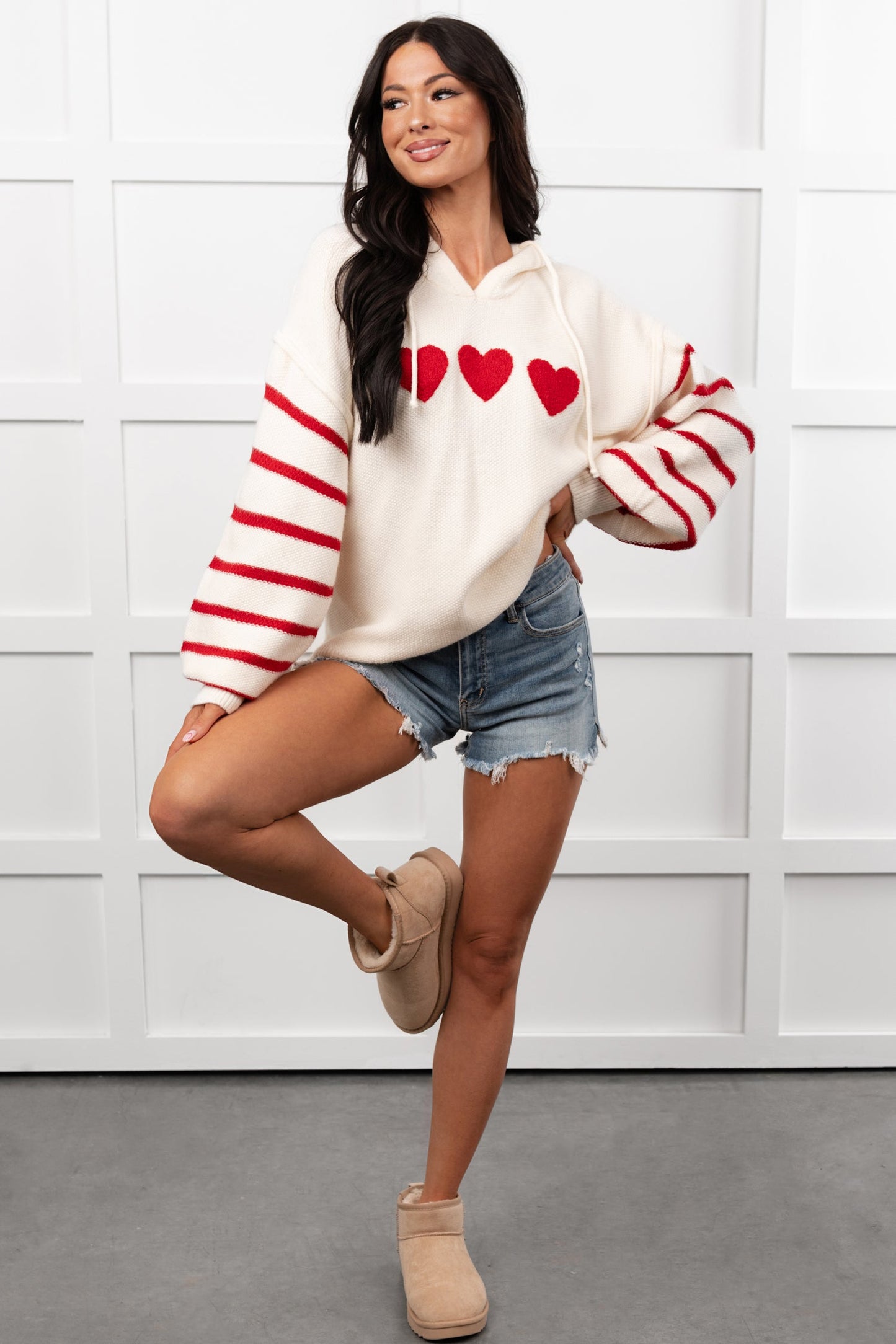 Love At Home Heart Striped Knit Hoodie (Ivory)