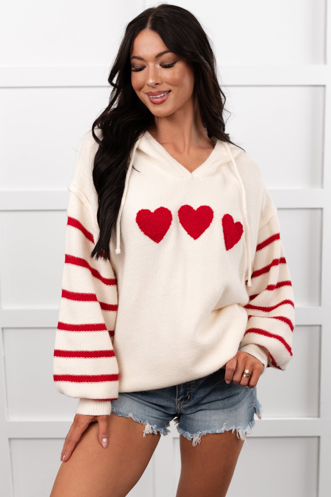 Love At Home Heart Striped Knit Hoodie (Ivory)