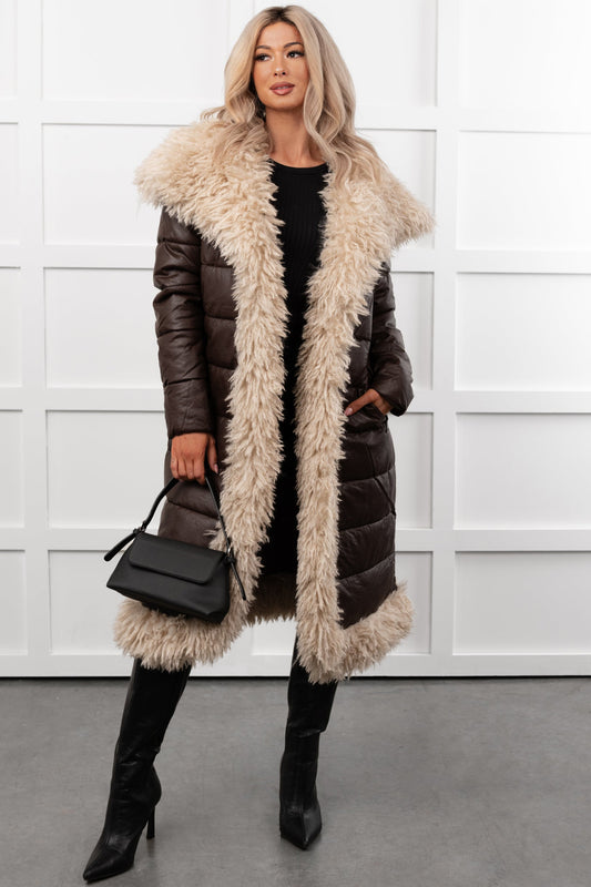 Fashioned Right Faux Fur Trim Puffer Coat (Coffee)