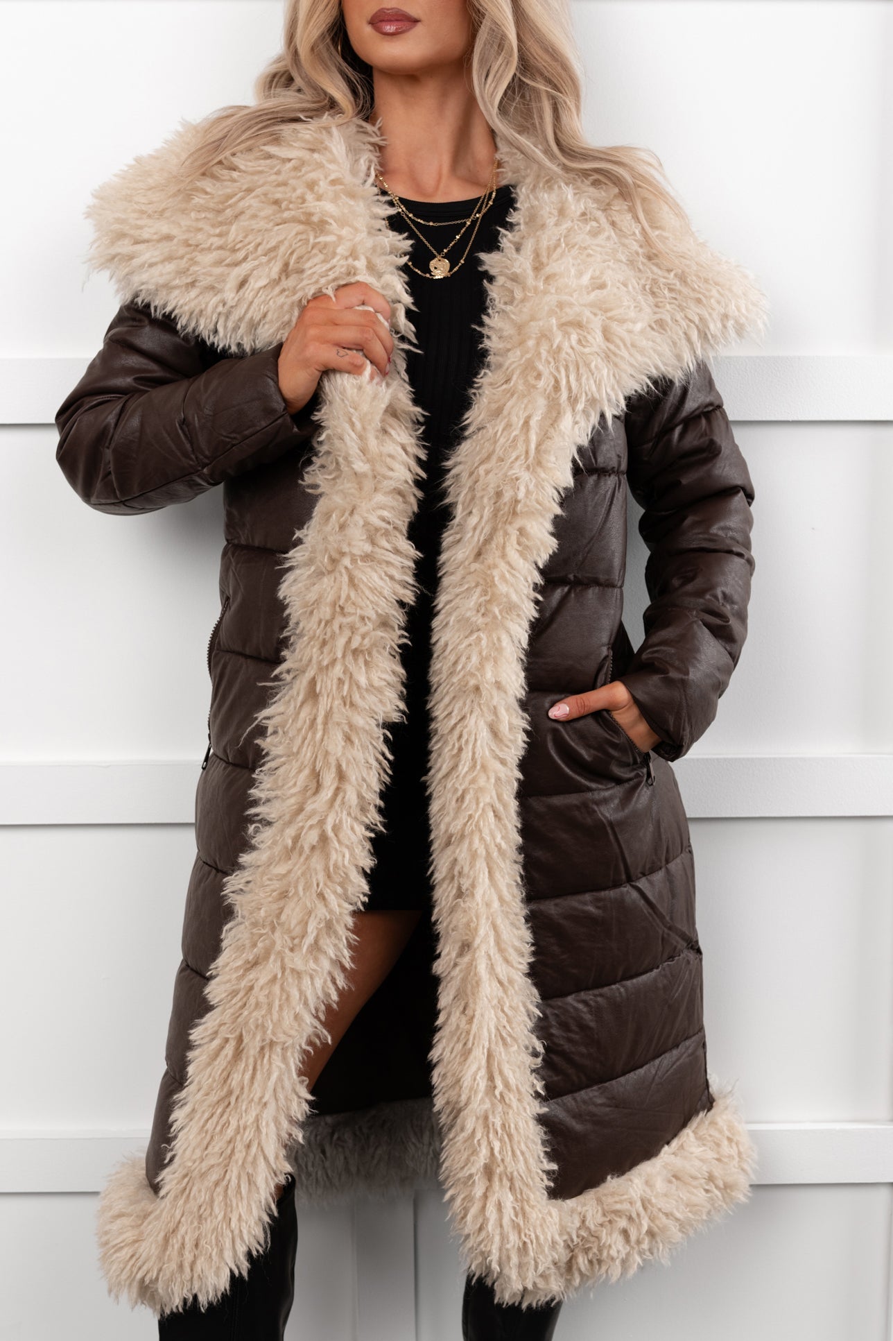 Fashioned Right Faux Fur Trim Puffer Coat (Coffee)