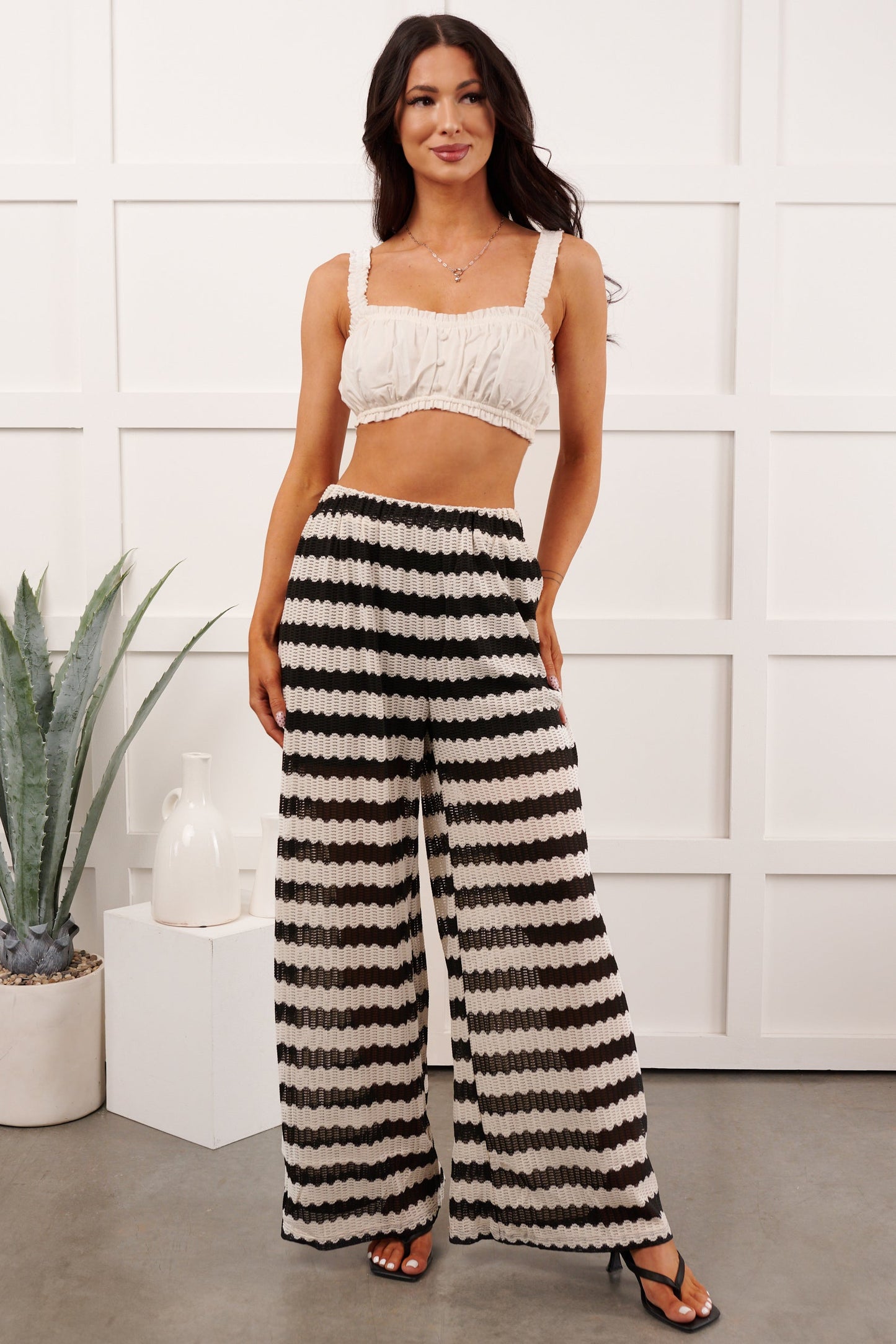 Breezy Not Busy Wide Leg Crochet Pants (Ivory/Black)