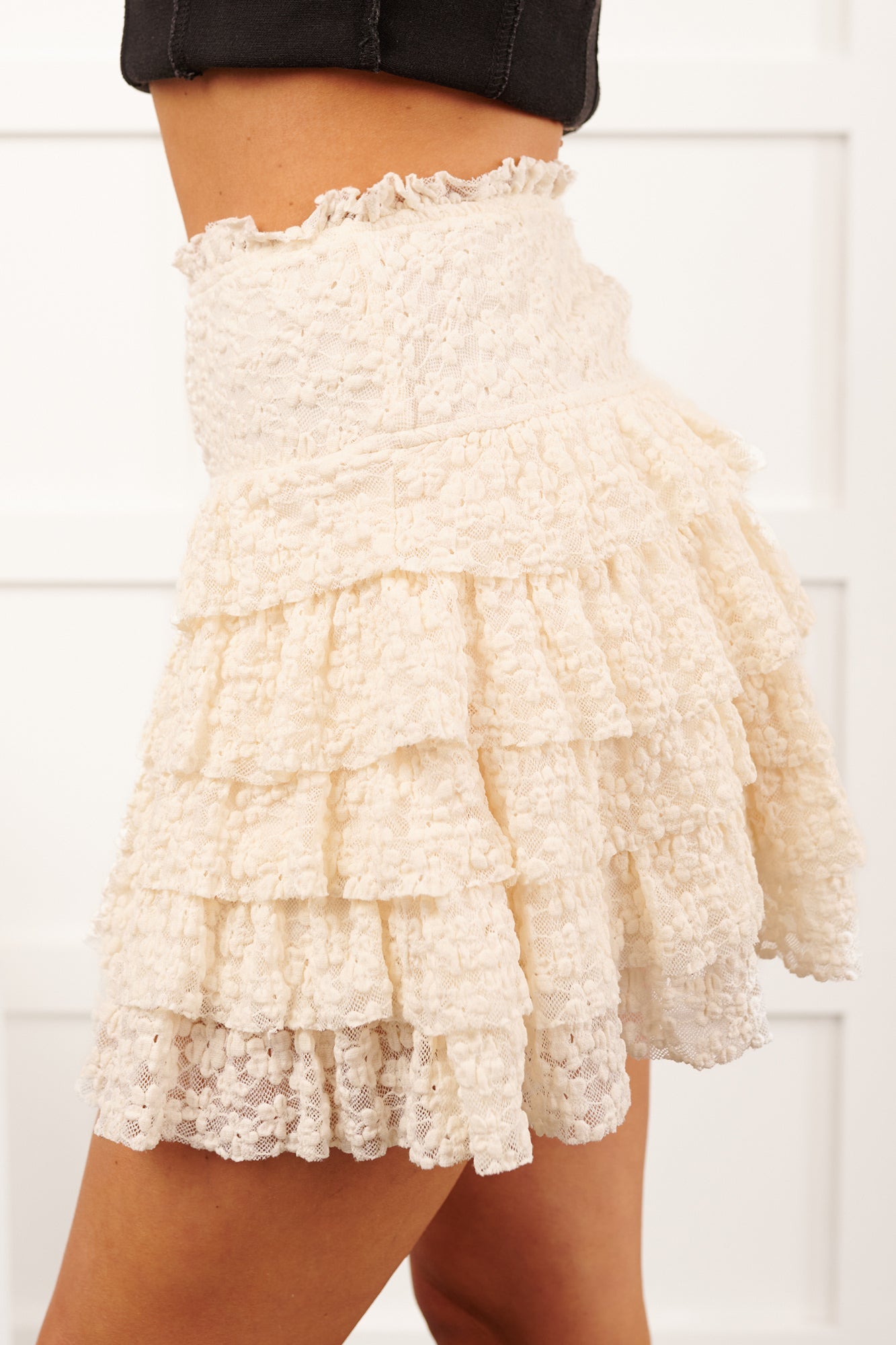 My First Kiss Lace Ruffled Layered Mini Skirt (Champagne)